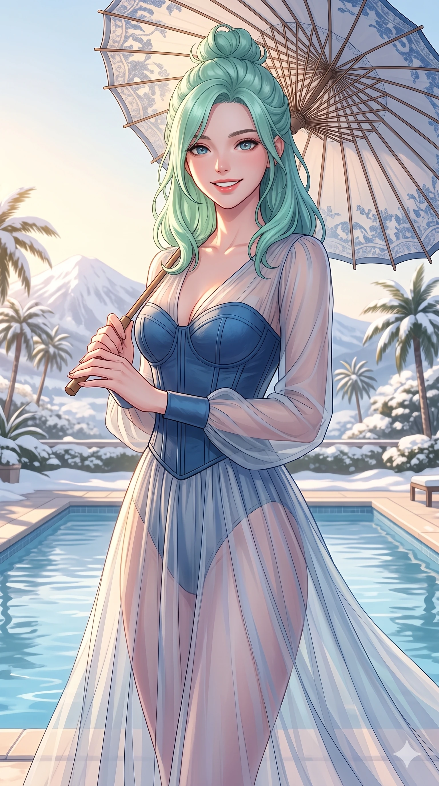 score_9, masterpiece, best quality, ultra-detailed, high-budget anime keyframe, vibrant anime aesthetic, Japanese woman. cowboy shot from the thighs up, character and outfit filling the frame for maximum presence. She is holding a parasol with a bright, charming winter smile, looking directly at the lens by a private resort pool under bright winter afternoon sun (Code-P21-163). She has an absolutely perfect 8-heads proportion, an exceptionally tall and slender female figure with impossibly long slender legs and an ultra-slim waist. V-shaped jawline, high-bridge nose, intricate jewel-like eyes with depth, thick eyelashes, glossy lips with a natural sheen. wearing a sheer chiffon dress with a blue corset bodice in winter. She is bathed in soft, radiant golden hour sun casting long, elegant shadows around her. 2k, ultra detail, master piece, 9:16 ratio