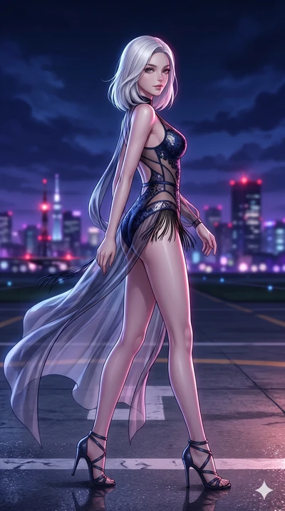 score_9, masterpiece, best quality, ultra-detailed, high-budget anime keyframe, semi-realistic 3D game render, editorial fashion photography, tasteful artistic composition, Korean woman. low angle full-body shot from head to toe showing her feet, fil