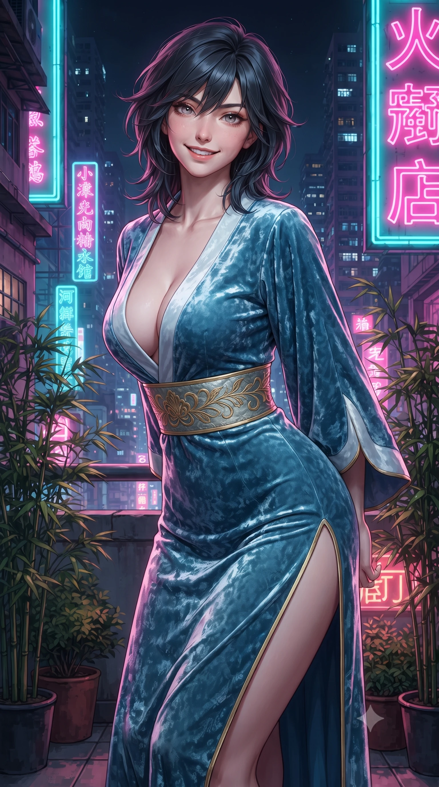 score_9, masterpiece, best quality, ultra-detailed, high-budget anime keyframe, editorial fashion photography, tasteful artistic composition, Caucasian woman. close-up cowboy shot from the waist and thighs up, the character dominates the composition, filling the frame with her large presence. resting both hands lightly behind her back while leaning toward the lens with a cheerful, teasing grin, her form-fitting fusion dress hugging her narrow waist and hip curve while twisting her slender torso in an alluring contrapposto stance among potted bamboo, vertical neon signs painting her curves in electric pink and cyan. The surrounding environment is rendered in vivid detail and crisp panoramic clarity: detailed silk dress drape, neon specular reflections on skin, and dense Asian megacity architecture in high resolution. She has an exceptionally elegant, slender, and willowy female figure with an ultra-slim waist, flat toned midriff, narrow ribcage, and sculpted feminine hips creating an alluring, slim hourglass silhouette without bulk. sharp v-shaped jawline, high-bridge nose, intricate jewel-like dark sparkling almond eyes with depth, thick lashes, glossy parted lips with a natural rose-plum sheen, bright alluring and coquettish smile with bedroom-eyes, exuding both timeless oriental elegance and sovereign high-fashion allure, flawlessly proportioned anatomical accuracy, strict slender model proportions, natural body alignment, perfectly sculpted long slender limbs, ultra-slim waistline, clean dynamic posture without body distortion. wearing a deep plunging-V modern kimono gown with wide flowing sleeves and a waist-cinching gold embroidered sash in pure celadon porcelain blue and cloud white, crafted from sumptuous crushed winter velvet with deep light-absorbing plushness, finished with sharp laser-cut side hip slits framed by gold piping, the form-contouring cut accentuating her sculpted flat midriff, narrow delicate ribcage, and gracefully curvy hips with regal oriental supermodel elegance. illuminated by rooftop garden amber accents and sharp laser-cyan rim lighting sculpting her razor-sharp jawline, narrow waist, and curvy hips. ultra-reflective glossy finish, specular highlights, rich textural contrasts, high-contrast stereoscopic depth, volumetric dynamic lighting, 2k, ultra detail, master piece, 9:16 ratio