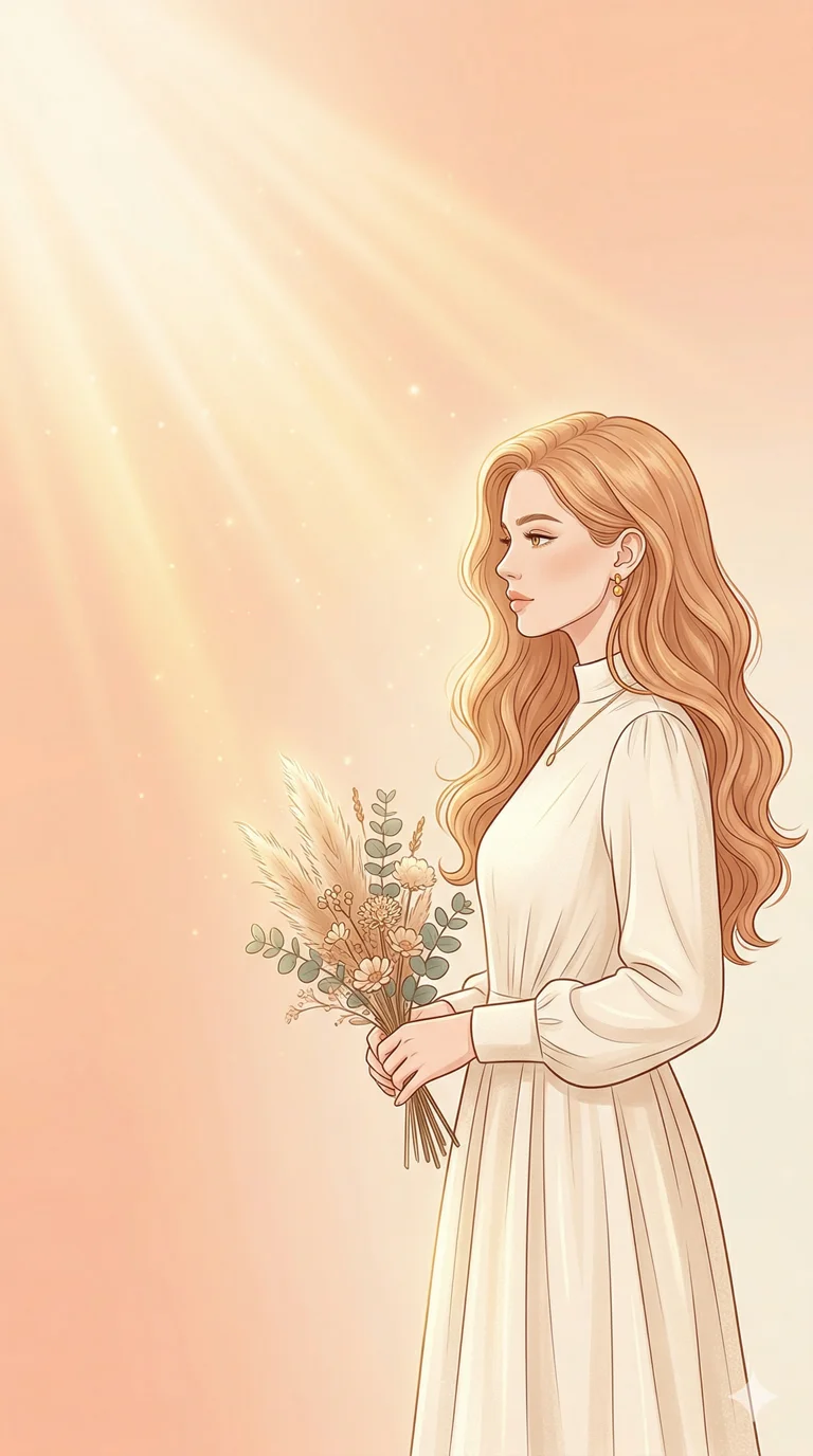 This image is another aesthetic Facebook cover photo, similar to the previous one. It features a peach and cream gradient background (soft and smooth blend) and a modern artistic woman with wavy hair, maintaining an elegant and modest vibe, placed on the right side of the cover. The style is aesthetic, minimal, with a soft glow or golden light rays in the background, and no text, just a clean and classy illustration. 2k, ultra detail, master piece, 9:16 ratio