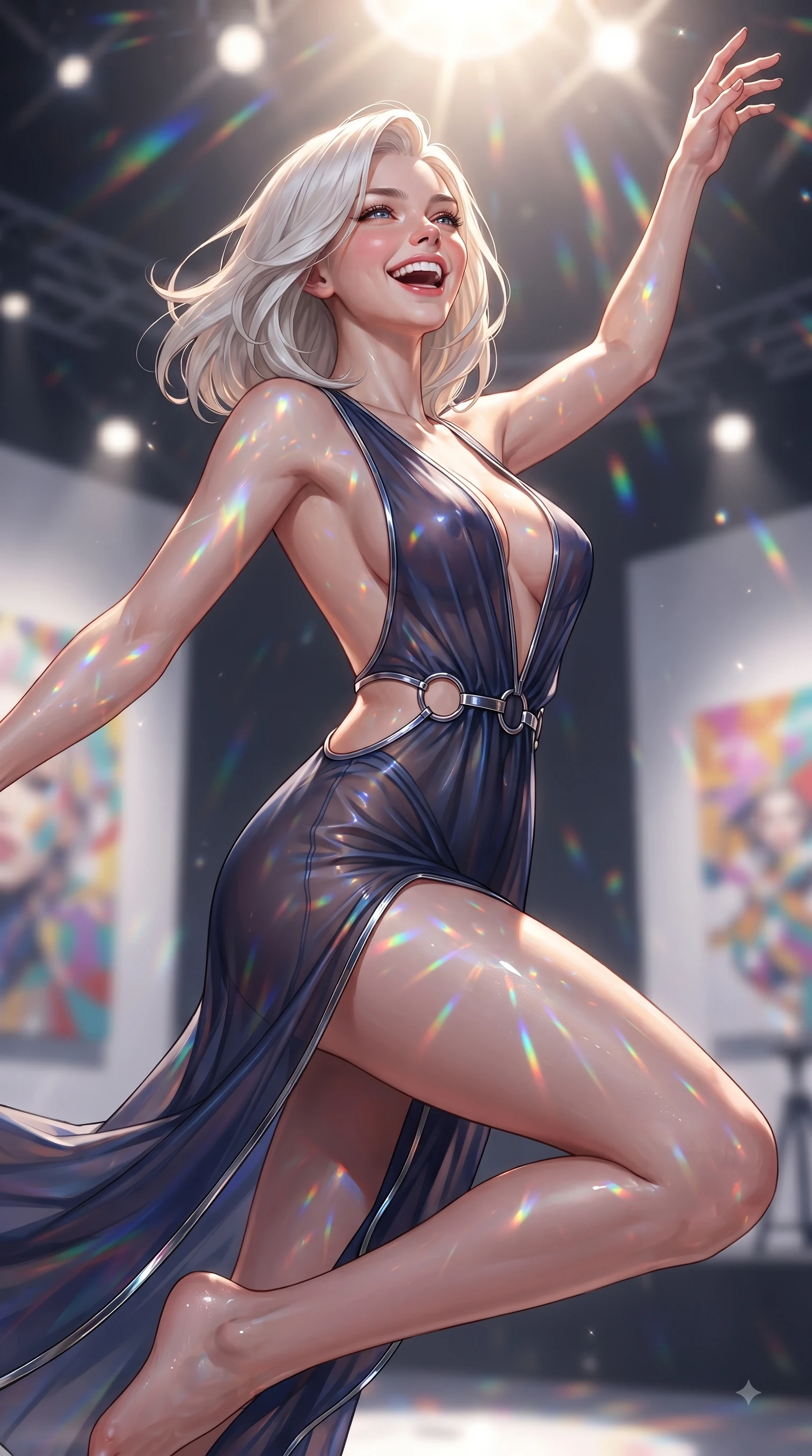 score_9, masterpiece, best quality, ultra-detailed, high-budget anime keyframe, editorial fashion photography, tasteful artistic composition, Caucasian woman. close-up cowboy shot from the waist and thighs up, the character dominates the composition, filling the frame with her large presence, background elements kept in soft focus. Extending one arm in an elegant stretch toward the sun while smiling with vibrant, magnetic self-assurance while leaping dynamically through the air with a radiant laughing expression on an open art stage, a kaleidoscope of refractions forming colorful geometric light patterns on her skin. She has an exceptionally elegant, slender, and willowy female figure with an ultra-slim waist, a gracefully sculpted slender torso, and a refined silhouette. sharp v-shaped jawline, high-bridge nose, intricate jewel-like eyes with depth, thick eyelashes, glossy lips with a natural sheen, flawlessly proportioned anatomical accuracy, natural body alignment, perfectly sculpted elegant limbs, clean dynamic posture without body distortion. wearing a translucent iridescent chiffon gown with a plunging neckline and open back in midnight navy blue and chrome trim, formed from sleek second-skin neoprene, accented with delicate chrome ring hardware framing her waist, the tailored fabric tightly following every curve of her athletic build. bathed in high-contrast vibrant studio lighting with sharp cheerful specular highlights. ultra-reflective glossy finish, specular highlights, metallic sheen, high-contrast stereoscopic depth, volumetric dynamic lighting, 2k, ultra detail, master piece, 9:16 ratio