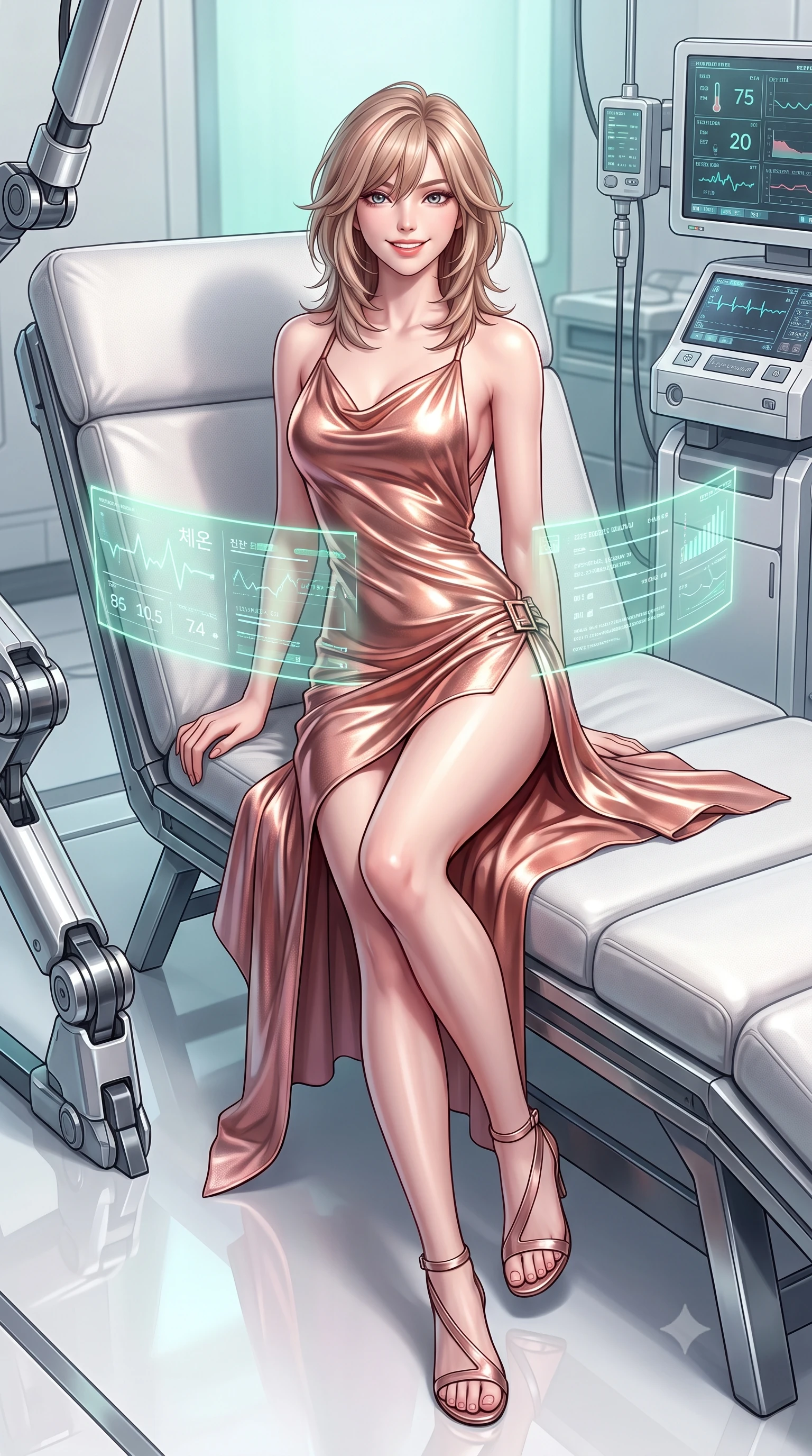 score_9, masterpiece, best quality, ultra-detailed, high-budget anime keyframe, semi-realistic 3D game render, editorial fashion photography, tasteful artistic composition, Japanese woman. low angle full-body shot from head to toe showing her feet, filling the entire 9:16 vertical frame with her statuesque presence, stretching her vertical silhouette. lounging on the lavish daybed with legs crossed and hips angled toward the camera, displaying her toned midriff and long slender limbs with effortless siren poise while twisting her slender torso in an alluring S-curve, soft mint-green neurological telemetry streams projecting holographic charts across her flat midriff and hips. The surrounding environment is rendered in vivid detail and crisp panoramic clarity: sharp brushed chrome robotic joint textures, flawless white resin floor reflections, and crisp diagnostic vitals readouts in deep focus. She has an exceptionally tall and slender model-like 8.5-heads proportion, an ultra-slim waist, a flat toned midriff, narrow delicate ribcage, and beautifully sculpted feminine hips creating a graceful, slim hourglass silhouette without any bulky heaviness, with impossibly long slender legs. sharp v-shaped jawline, high-bridge nose, intricate jewel-like sparkling eyes with depth, thick eyelashes, glossy parted lips with a natural peach sheen, bright cheerful beaming smile with an enchanting and coquettish sensual glint, exuding both youthful cute charm and seductive allure, flawlessly proportioned anatomical accuracy, strict slender model proportions, natural body alignment, perfectly sculpted long slender limbs, ultra-slim waistline, clean dynamic posture without body distortion. wearing a backless liquid foil flight mini dress with criss-cross spinal straps and daring high side slit in high-gloss rose-gold and burnished copper, crafted from bespoke double-faced cashmere with an exceptionally soft tactile finish, finished with sleek magnetic buckle closures fluttering in the breeze, the high-slit wrap tailoring accentuating her ultra-slim waistline and the enchanting curve of her feminine hips with alluring seductive charm. bathed in pristine 6000K clinical white light combined with soft emerald holographic ambient glow. highly saturated vibrant anime colors, detailed shading with soft gradients, rich glossy textures, high-contrast stereoscopic depth, volumetric dynamic lighting, master piece, 9:16 ratio