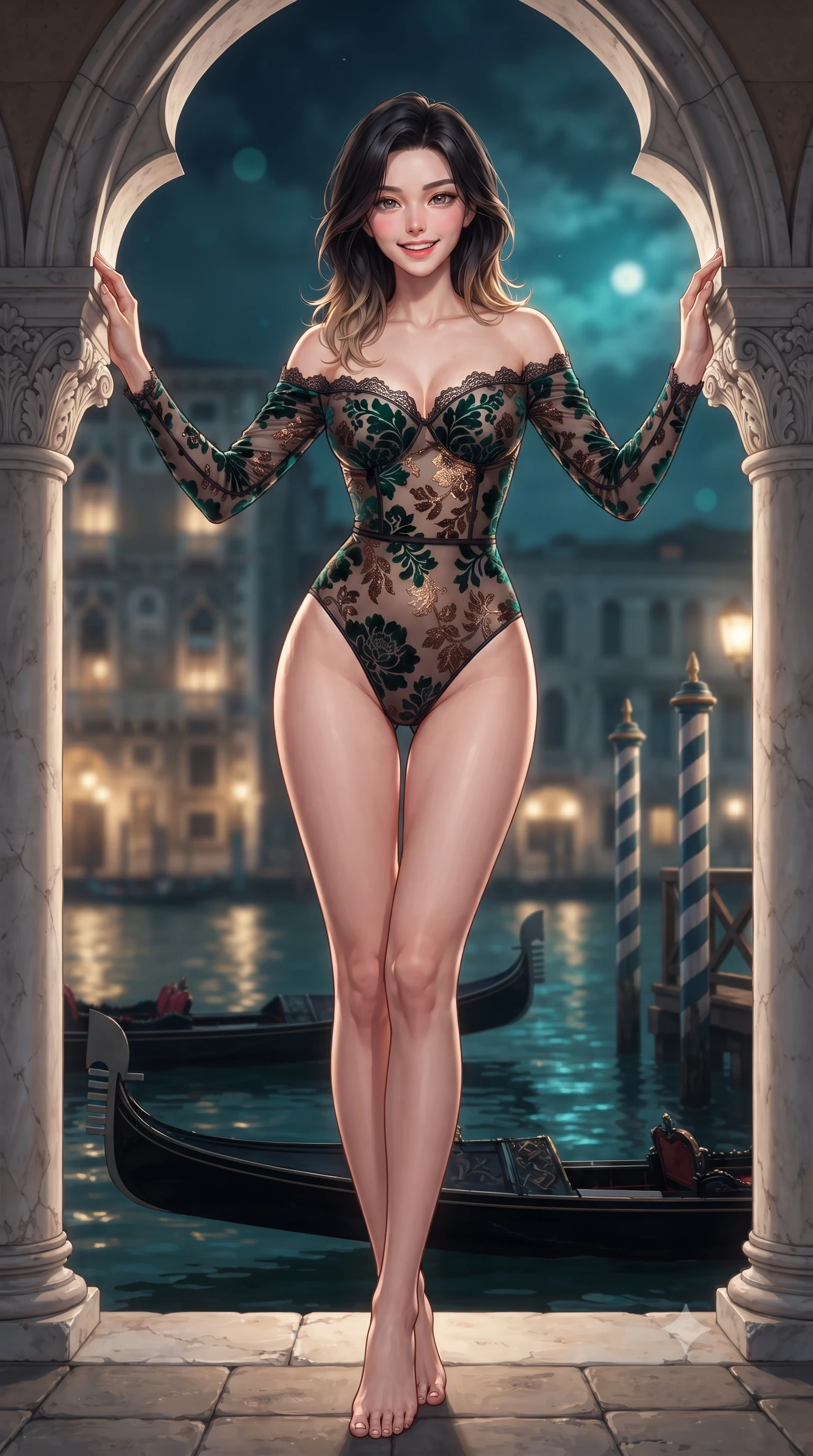 score_9, masterpiece, best quality, ultra-detailed, high-budget anime keyframe, editorial fashion photography, tasteful artistic composition, Korean woman. low angle full-body shot from head to toe showing her feet, filling the entire 9:16 vertical frame with her statuesque presence, stretching her vertical silhouette. standing tall beside the architectural column, one hand resting high while arching her lower back to emphasize her sculpted feminine hips and slender waist while standing poised between pointed Venetian gothic marble arches, arching her back with timeless siren allure as black gondolas glide past below. The background shows a soft-focus illuminated Baroque palazzi reflecting on dark Grand Canal waters, striped mooring poles, and moonlit Venetian mist blurred into turquoise, gold, and sapphire bokeh. She has an exceptionally tall and slender model-like 8.5-heads proportion, an ultra-slim waist, a flat toned midriff, narrow delicate ribcage, and beautifully sculpted feminine hips creating a graceful, slim hourglass silhouette without any bulky heaviness, with impossibly long slender legs. sharp v-shaped jawline, high-bridge nose, intricate jewel-like sparkling eyes with depth, thick eyelashes, glossy parted lips with a natural peach sheen, bright cheerful beaming smile with an enchanting and coquettish sensual glint, exuding both youthful cute charm and seductive allure, flawlessly proportioned anatomical accuracy, strict slender model proportions, natural body alignment, perfectly sculpted long slender limbs, ultra-slim waistline, clean dynamic posture without body distortion. wearing an off-the-shoulder sheer-illusion mesh bodysuit with strategic floral flocking and high-cut leg openings in deep emerald velvet and shimmering bronze, woven from buttery-soft stretch lambskin leather adhering to her body like a second skin, finished with scalloped eyelash lace trim framing her sweetheart neckline with intimate elegance, the glove-like clinging cut tightly following the natural contour of her hips and long slender legs with youthful 8.5-heads elegance. illuminated by canal water reflection bounce and sharp champagne-gold rim lights sculpting her features, flat midriff, and slender waist. ultra-reflective glossy finish, specular highlights, rich textural contrasts, high-contrast stereoscopic depth, volumetric dynamic lighting, 2k, ultra detail, master piece, 9:16 ratio