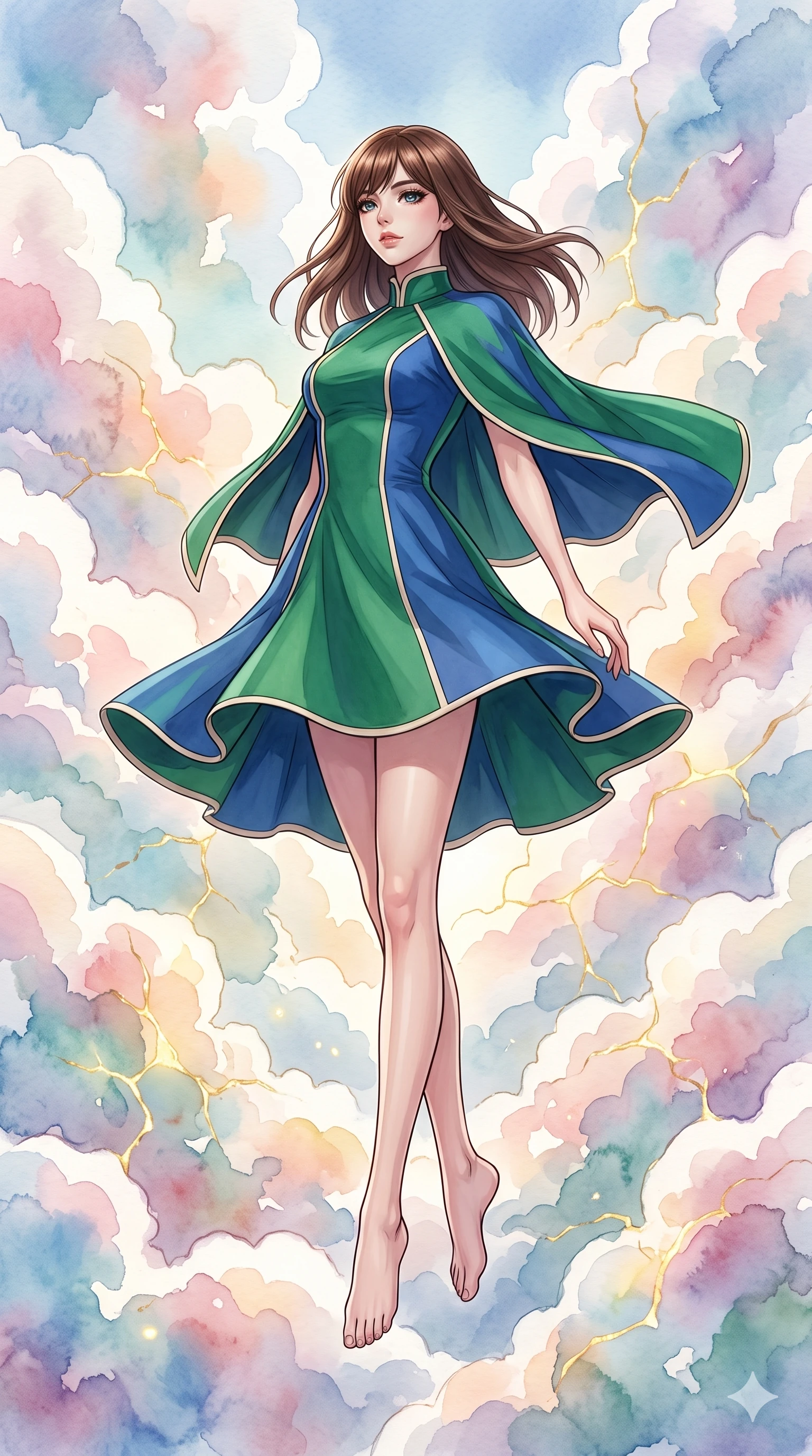 score_9, masterpiece, best quality, ultra-detailed, high-budget anime keyframe, editorial fashion photography, tasteful artistic composition, Korean woman. low angle full-body shot from head to toe showing her feet, filling the entire 9:16 vertical frame with her statuesque presence, stretching her vertical silhouette. pirouetting mid-air inside floating among enormous clouds that are made of spreading watercolor washes in soft pastel tones each cloud a living painting that bleeds and blooms color into the surrounding atmosphere. She has a statuesque 8.5-heads proportion, an exceptionally tall, slender and willowy model-like build with impossibly long legs and a highly sculpted ultra-slim waist. sharp v-shaped jawline, high-bridge nose, intricate jewel-like eyes with depth, thick eyelashes, glossy lips with a natural sheen. wearing a color-blocked cape dress in emerald green and royal blue, featuring a sophisticated high neck and cream-colored piping. glowing kintsugi gold light radiating from cracks in the environment creating a majestic inner glow. 2k, ultra detail, master piece, 9:16 ratio