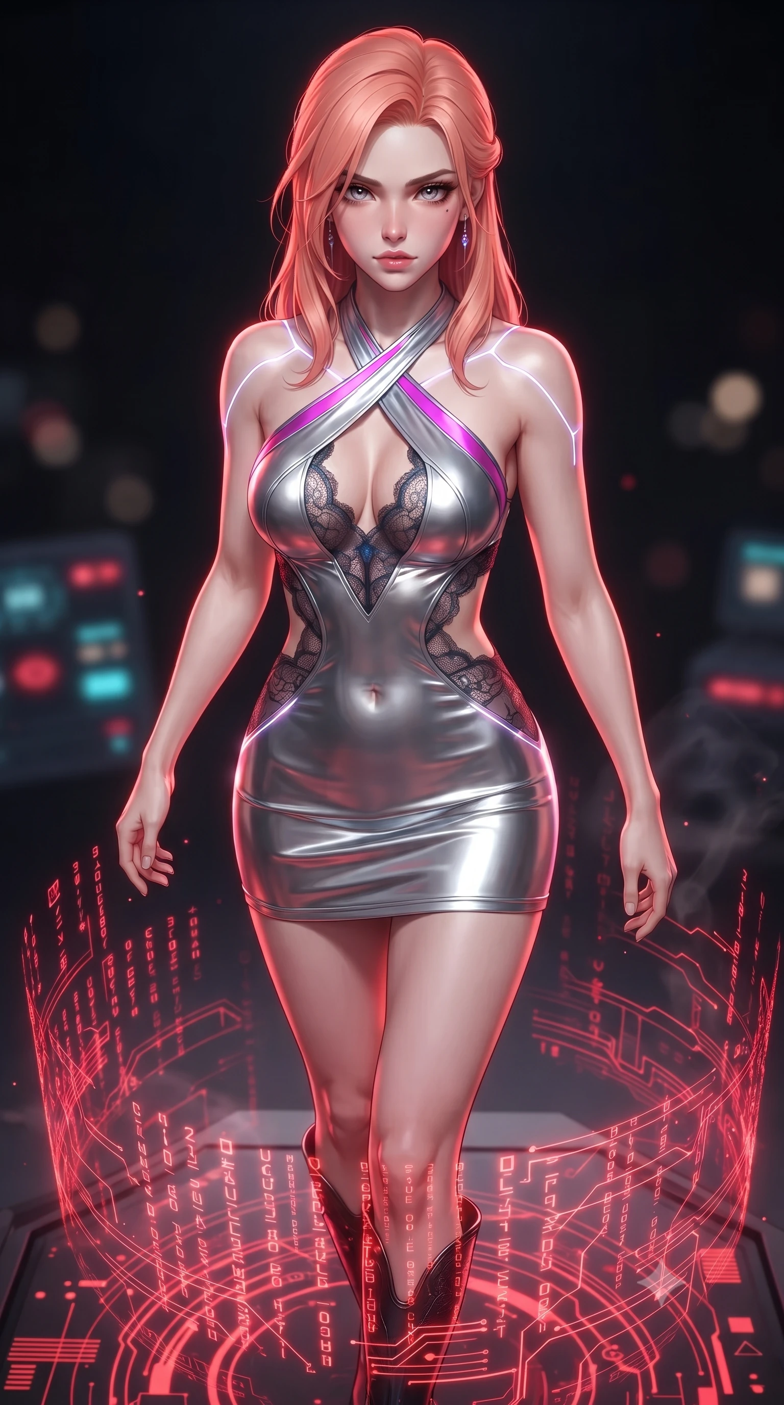 score_9, masterpiece, best quality, ultra-detailed, high-budget anime keyframe, editorial fashion photography, tasteful artistic composition, Japanese woman. close-up cowboy shot from the waist and thighs up, the character dominates the composition, filling the frame with her large presence. gazing directly into the lens with bedroom eyes and a breathtaking, dangerous allure that commands the entire composition while stepping down from a high-tech circuit dais as glowing red matrix glyphs cascade around her. The composition keeps background elements in soft focus with creamy bokeh. glowing neon indicators and electronic smoke blurring into a dramatic dark backdrop. She has an exceptionally elegant, slender, and willowy female figure with an ultra-slim waist, a gracefully sculpted slender torso, and a refined silhouette. sharp v-shaped jawline, high-bridge nose, intricate jewel-like eyes with depth, thick eyelashes, glossy lips with a natural sheen, flawlessly proportioned anatomical accuracy, natural body alignment, perfectly sculpted elegant limbs, clean dynamic posture without body distortion. wearing a molten silver liquid-metal mini dress featuring deep side-waist cutouts and a daring crossover halter neckline in chromatic platinum and blazing neon magenta, crafted from delicate dark lace interwoven with luminescent micro-fibers, accented with glowing fiber-optic seams tracing her collarbones and hip curves, the liquid-tight fabric adhering flawlessly to her sculpted torso and slender silhouette. bathed in bright white studio flash light and sharp crimson rim lighting outlining her silhouette. ultra-reflective glossy finish, specular highlights, metallic sheen, high-contrast stereoscopic depth, volumetric dynamic lighting, 2k, ultra detail, master piece, 9:16 ratio