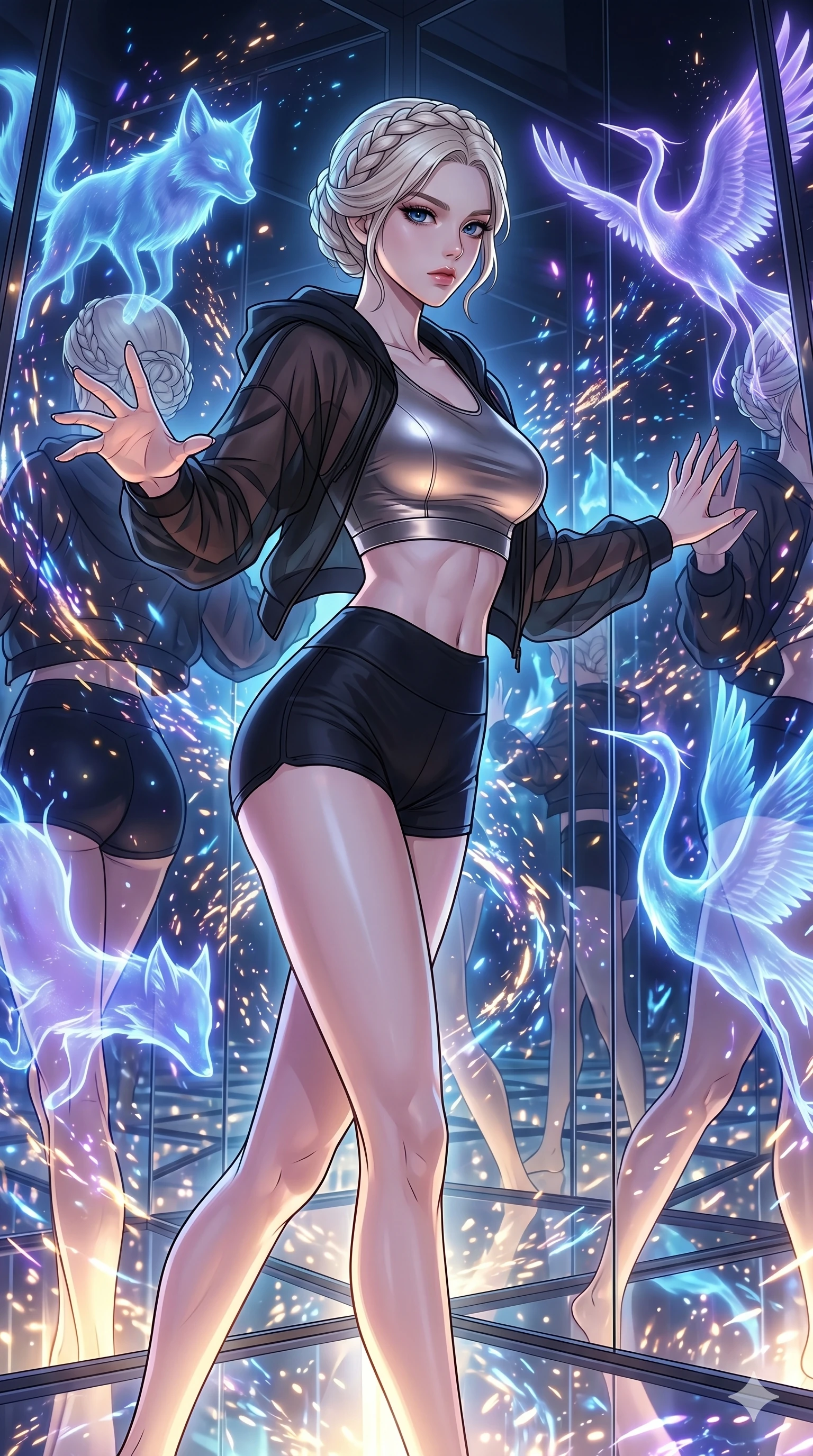 score_9, masterpiece, best quality, ultra-detailed, high-budget anime movie keyframe, cinematic anime lighting, intricate line art, Korean anime girl. Upper body filling screen focusing on her alluring features and slim-fit silhouette. summoning mystical spirits in a infinite mirror maze in a storm of sparks. She has an absolutely perfect 8-heads proportion, an exceptionally tall and slender female figure with an ultra-slim waist and impossibly long slender legs. sharp v-shaped jawline, high-bridge nose, intricate jewel-like eyes, thick eyelashes, glossy lips. Wearing premium athleisure set with a metallic-finish compression top, high-cut yoga shorts that accentuate her long legs, and a sheer oversized hoodie. The scene is illuminated by dramatic atmospheric lighting and vibrant color palettes. 2k, ultra detail, master piece, 9:16 ratio