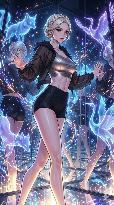 score_9, masterpiece, best quality, ultra-detailed, high-budget anime movie keyframe, cinematic anime lighting, intricate line art, Korean anime girl. Upper body filling screen focusing on her alluring features and slim-fit silhouette. summoning myst