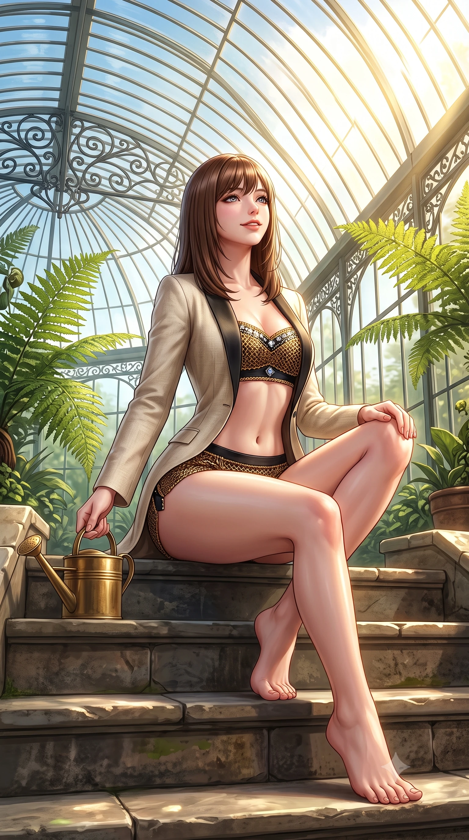 score_9, masterpiece, best quality, ultra-detailed, high-budget anime keyframe, semi-realistic 3D game render, editorial fashion photography, tasteful artistic composition, Korean woman. low angle full-body shot from head to toe showing her feet, filling the entire 9:16 vertical frame with her statuesque presence, stretching her vertical silhouette. sitting poised on the stone steps with one knee bent, arching her spine with supermodel elegance as she glances upward through thick eyelashes while twisting her slender torso in an alluring contrapposto stance, morning sunlight streaming through curved glass panes onto her flat midriff and hips. The surrounding environment is rendered in vivid detail and crisp panoramic clarity: sharp wrought-iron filigree scrollwork, giant fern leaf spore textures, and curved glass pane reflection clarity in deep focus. She has an absolutely perfect, statuesque 8.5-heads proportion, an exceptionally tall and slender model-like female figure with impossibly long slender legs, an ultra-slim waist, a flat toned midriff, narrow delicate ribcage, and beautifully sculpted feminine hips creating a graceful, slim hourglass silhouette without any bulky heaviness. sharp v-shaped jawline, high-bridge nose, sparkling eyes with hypnotic seductive depth, thick curled eyelashes, glossy parted lips with a natural dewy peach sheen, alluring bedroom-eyes with an enchanting coquettish smile, exuding magnetic siren charisma and sophisticated glamour, flawlessly proportioned anatomical accuracy, strict slender model proportions, natural body alignment, perfectly sculpted long slender limbs, ultra-slim waistline, clean dynamic posture without body distortion. wearing a tailored open-front smoking jacket worn over a jewel-embellished bandeau top and micro-shorts in liquid gold chainmail and midnight obsidian black with diamond accents, tailored from fine breathable linen with soft natural texture and elegant drape, finished with an antique brass watering can held casually at her side, the liquid-tight tailored fabric clinging flawlessly to her narrow waist and rounded feminine hips, emphasizing every millimeter of her sculpted slim hourglass curves without any bulky heaviness. bathed in luminous golden morning sunlight streaming through hundreds of curved glass roof panels. highly saturated vibrant anime colors, detailed shading with soft gradients, rich glossy textures, high-contrast stereoscopic depth, volumetric dynamic lighting, master piece, 9:16 ratio