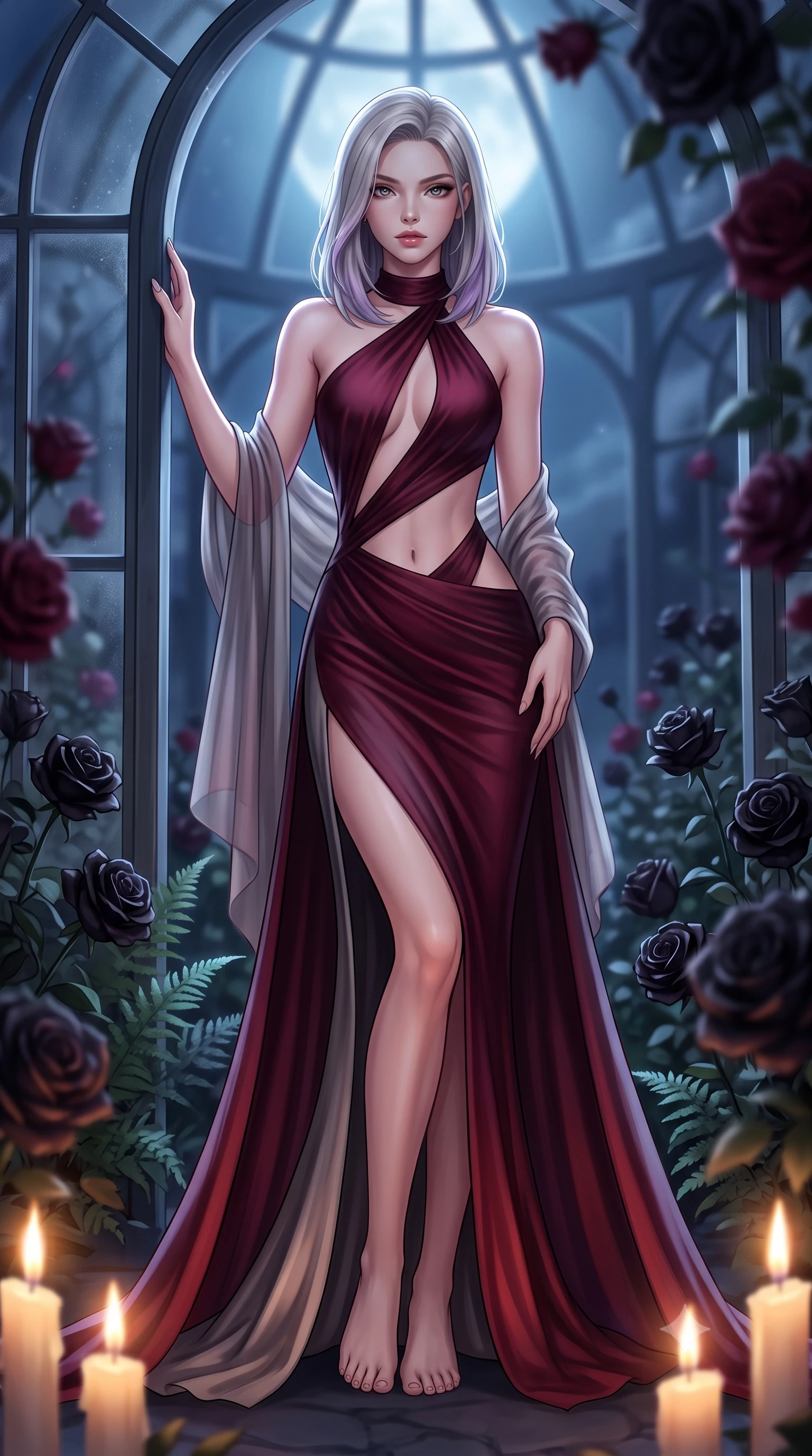 score_9, masterpiece, best quality, ultra-detailed, high-budget anime keyframe, semi-realistic 3D game render, editorial fashion photography, tasteful artistic composition, Caucasian woman. low angle full-body shot from head to toe showing her feet, filling the entire 9:16 vertical frame with her statuesque presence, stretching her vertical silhouette. leaning deep against the structural architecture with hips cocked in an unapologetically bold, seductive high-fashion stance while gliding between whispering ferns and overgrown black roses, her smoldering gaze locking onto the viewer with intoxicating allure. The composition keeps background elements in soft focus with creamy bokeh. moonlit orangerie glass framework and blooming black rose petals blurred into deep obsidian, wine-ruby, and lunar-silver bokeh. She has an absolutely perfect, statuesque 8.5-heads proportion, an exceptionally tall and slender model-like female figure with impossibly long slender legs, a toned flat midriff, and an ultra-slim waist. sharp v-shaped jawline, high-bridge nose, intricate jewel-like eyes with depth, thick eyelashes, glossy parted lips with a natural sheen, intensely captivating and seductive expression, flawlessly proportioned anatomical accuracy, strict slender model proportions, natural body alignment, perfectly sculpted long slender limbs, ultra-slim waistline, clean dynamic posture without body distortion. wearing a gothic siren halter-neck dress with dramatic diagonal torso cutouts and a trailing floor-length silk cape in deep garnet and brushed dark platinum, tailored from liquid silk jersey adhering flawlessly to her slender build, finished with a gossamer silk shawl draped loosely over her elbows, the form-contouring material adhering flawlessly to her sculpted flat midriff and slender torso, emphasizing her long leg lines and perfectly proportioned willowy build. bathed in cold lunar moonlight from above and warm flickering candle uplights from below. highly saturated vibrant anime colors, detailed shading with soft gradients, rich glossy textures, high-contrast stereoscopic depth, volumetric dynamic lighting, master piece, 9:16 ratio