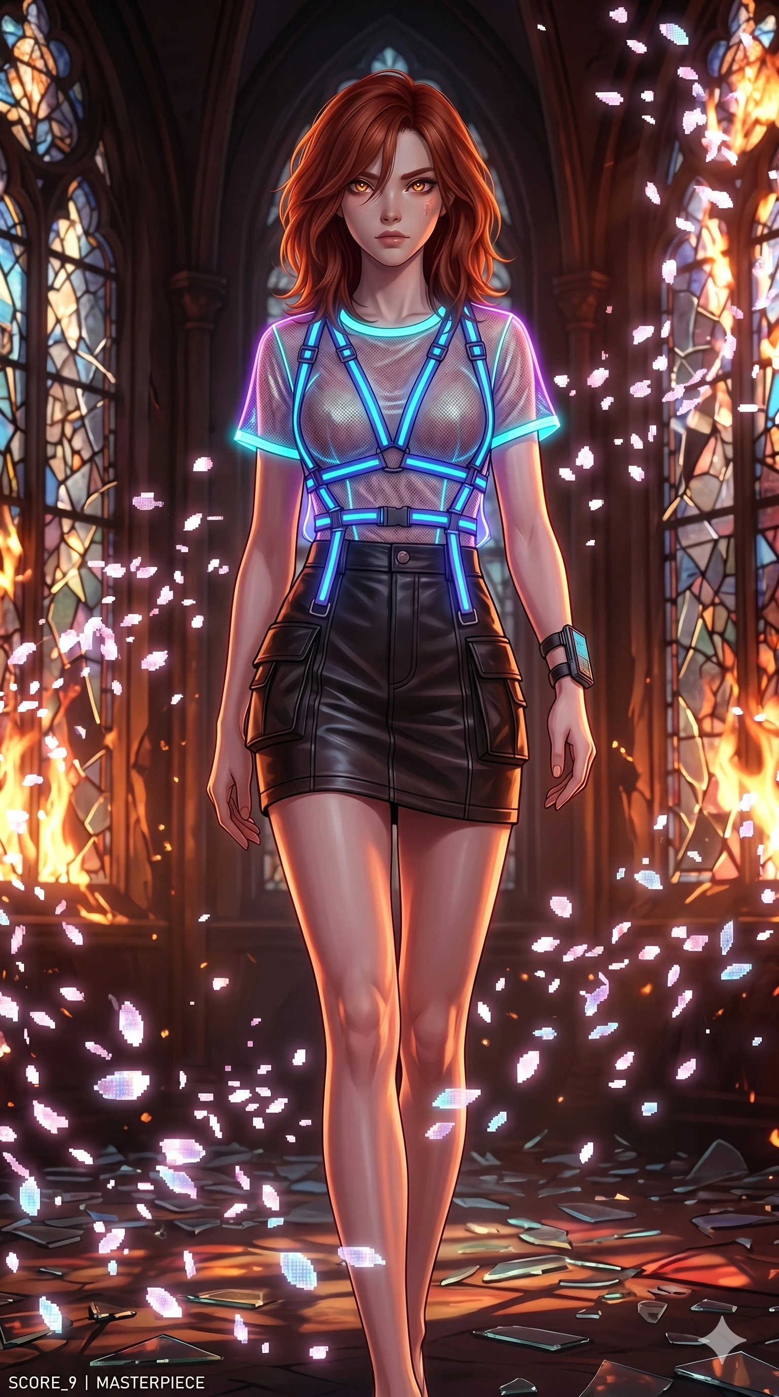 score_9, masterpiece, best quality, ultra-detailed, Set A: High-budget Anime Keyframe, Caucasian (strictly human ears) woman. Upper body close-up from the thighs up, character filling the screen for maximum presence. Walking gracefully through a shattered glass cathedral, with a look of intense determination reflecting the fires of 27 and surrounded by digital sakura petals. She has an absolutely perfect 8-heads proportion, an exceptionally tall and slender female figure with impossibly long slender legs and an ultra-slim waist. Sharp v-shaped jawline, high-bridge nose, intricate jewel-like eyes with depth, thick eyelashes, glossy lips with a natural sheen. Wearing Fluorescent mesh top with a leather mini-skirt and neon-lit harness details. Cinematic lighting, vibrant colors, dramatic shadows, 2k, ultra detail, master piece, 9:16 ratio