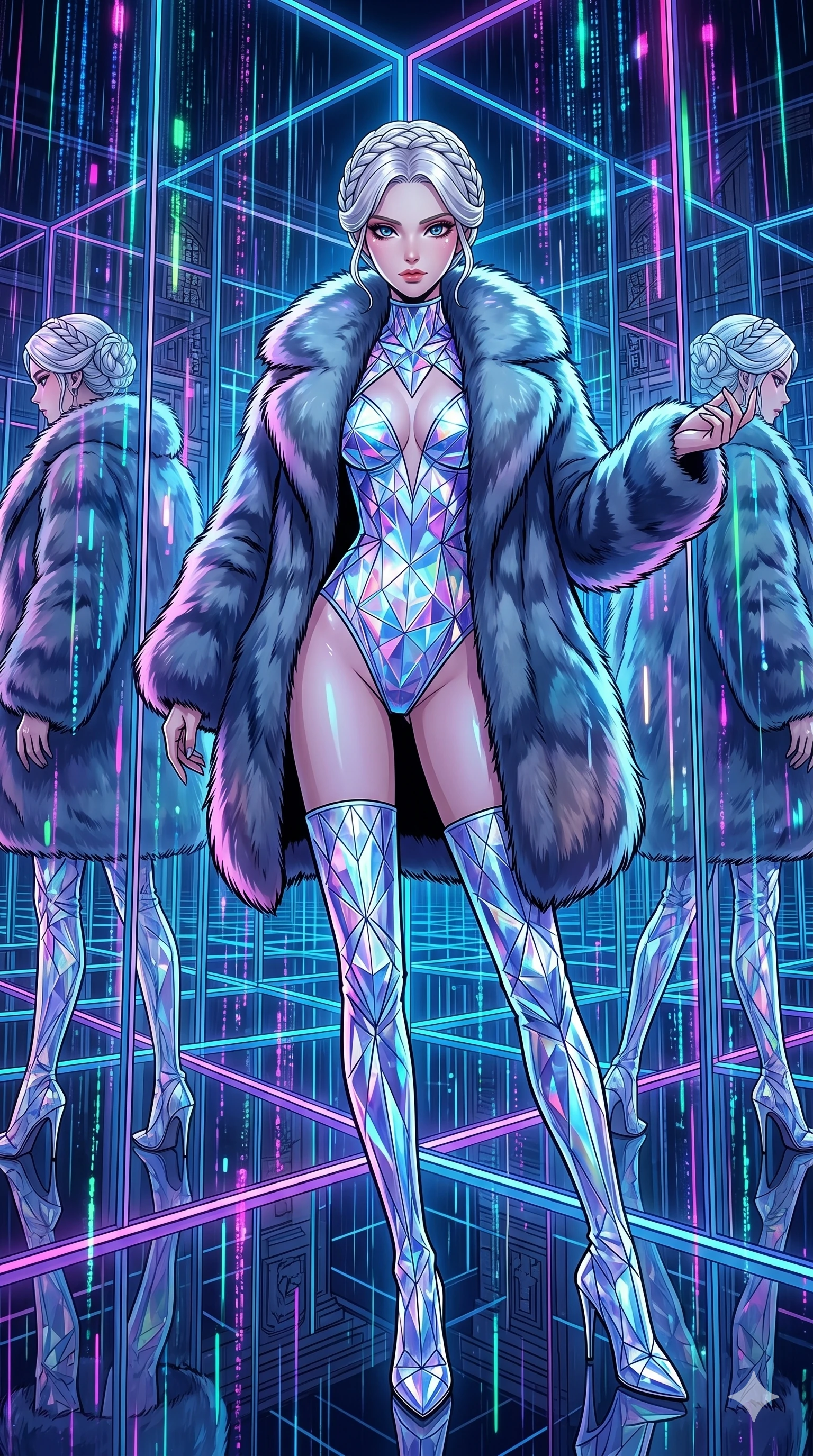 score_9, masterpiece, best quality, ultra-detailed, high-budget anime movie keyframe, cinematic anime lighting, intricate line art, Japanese woman. Dynamic full-body shot stretching the vertical silhouette across the 9:16 frame. standing victoriously in a infinite mirror maze with holographic rain. She has an absolutely perfect 8-heads proportion, an exceptionally tall and slender female figure with an ultra-slim waist and impossibly long slender legs. sharp v-shaped jawline, high-bridge nose, intricate jewel-like eyes, thick eyelashes, glossy lips. Wearing seasonal winter-couture featuring a plush oversized faux-fur coat worn over a skin-tight crystalline leotard and thigh-high stiletto boots. The scene is illuminated by dramatic atmospheric lighting and vibrant color palettes. , 2k, ultra detail, master piece, 9:16 ratio