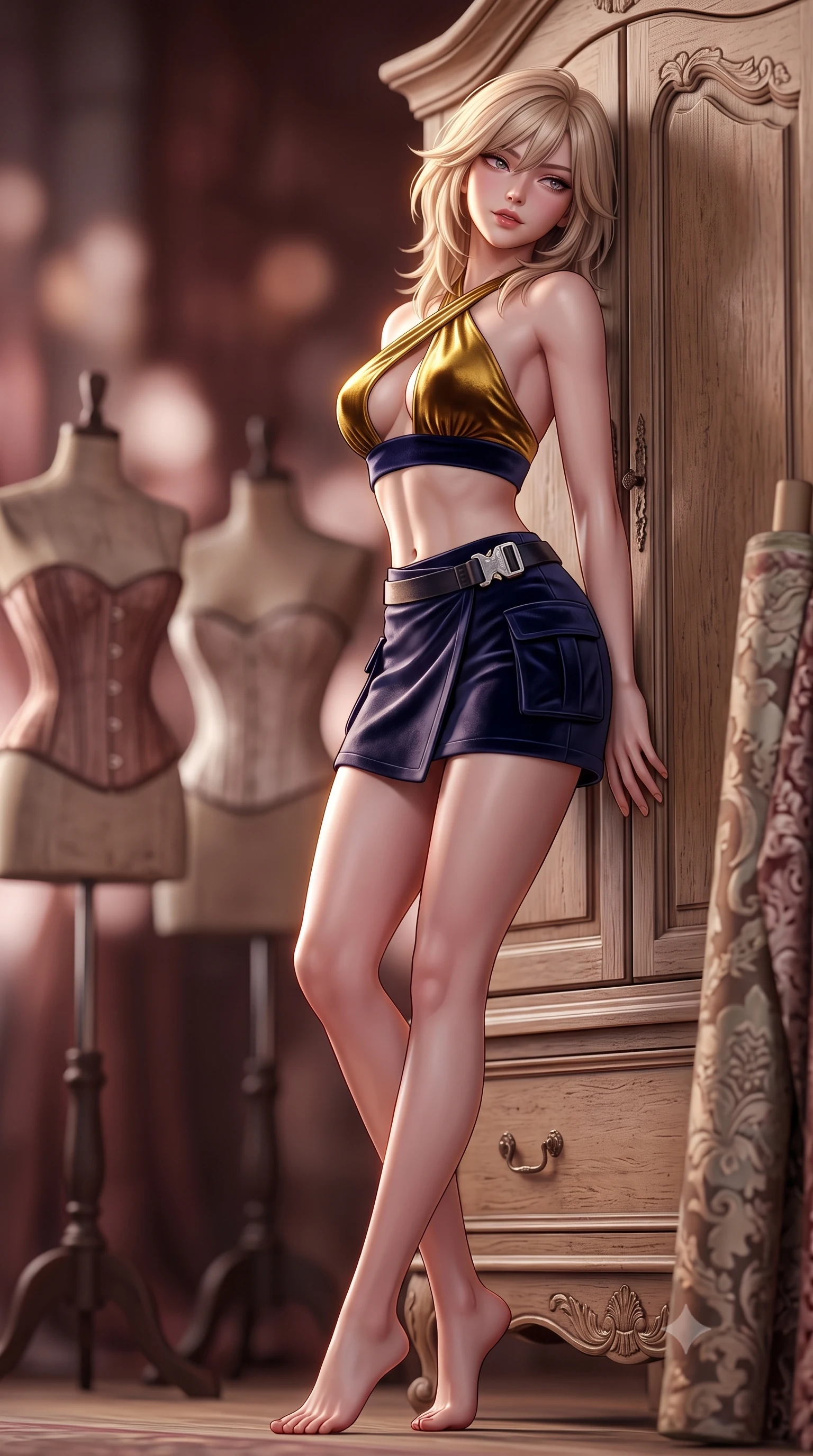 score_9, masterpiece, best quality, ultra-detailed, high-budget anime keyframe, semi-realistic 3D game render, editorial fashion photography, tasteful artistic composition, Japanese woman. low angle full-body shot from head to toe showing her feet, filling the entire 9:16 vertical frame with her statuesque presence, stretching her vertical silhouette. leaning deep against the balcony balustrade with hips cocked back in an unapologetically alluring high-fashion stance, casting an intoxicating glance while leaning against a carved wooden archive wardrobe with hips cocked back, looking back with an intoxicating, smoldering gaze. The background shows a soft-focus antique mannequin silhouettes wearing Victorian opera corsets and rolls of vintage brocade blurred into mahogany, cream, and rose-gold bokeh. She has an absolutely perfect, statuesque 8.5-heads proportion, an exceptionally tall and slender model-like female figure with impossibly long slender legs, an ultra-slim waist, a flat toned midriff, narrow delicate ribcage, and beautifully sculpted feminine hips creating a graceful, slim hourglass silhouette without any bulky heaviness. sharp v-shaped jawline, high-bridge nose, sparkling eyes with hypnotic seductive depth, thick curled eyelashes, glossy parted lips with a natural dewy peach sheen, alluring bedroom-eyes with an enchanting coquettish smile, exuding magnetic siren charisma and sophisticated glamour, flawlessly proportioned anatomical accuracy, strict slender model proportions, natural body alignment, perfectly sculpted long slender limbs, ultra-slim waistline, clean dynamic posture without body distortion. wearing a high-waisted tactical wrap mini skirt with dual utility pockets paired with a plunging criss-cross halter sports top in molten liquid gold and midnight indigo, tailored from ultra-plush velvet with rich tactile depth and deep shadow gradients, accented with a quick-release tactical chrome buckle harness resting snugly across her hips, the second-skin tailored fabric adhering flawlessly to her sculpted flat midriff and slender torso, emphasizing her long leg lines and perfectly proportioned willowy build. illuminated by polished table reflection fill and sharp warm-gold rim lights defining her razor-sharp jawline, narrow waist, and curvy hips. highly saturated vibrant anime colors, detailed shading with soft gradients, rich glossy textures, high-contrast stereoscopic depth, volumetric dynamic lighting, master piece, 9:16 ratio