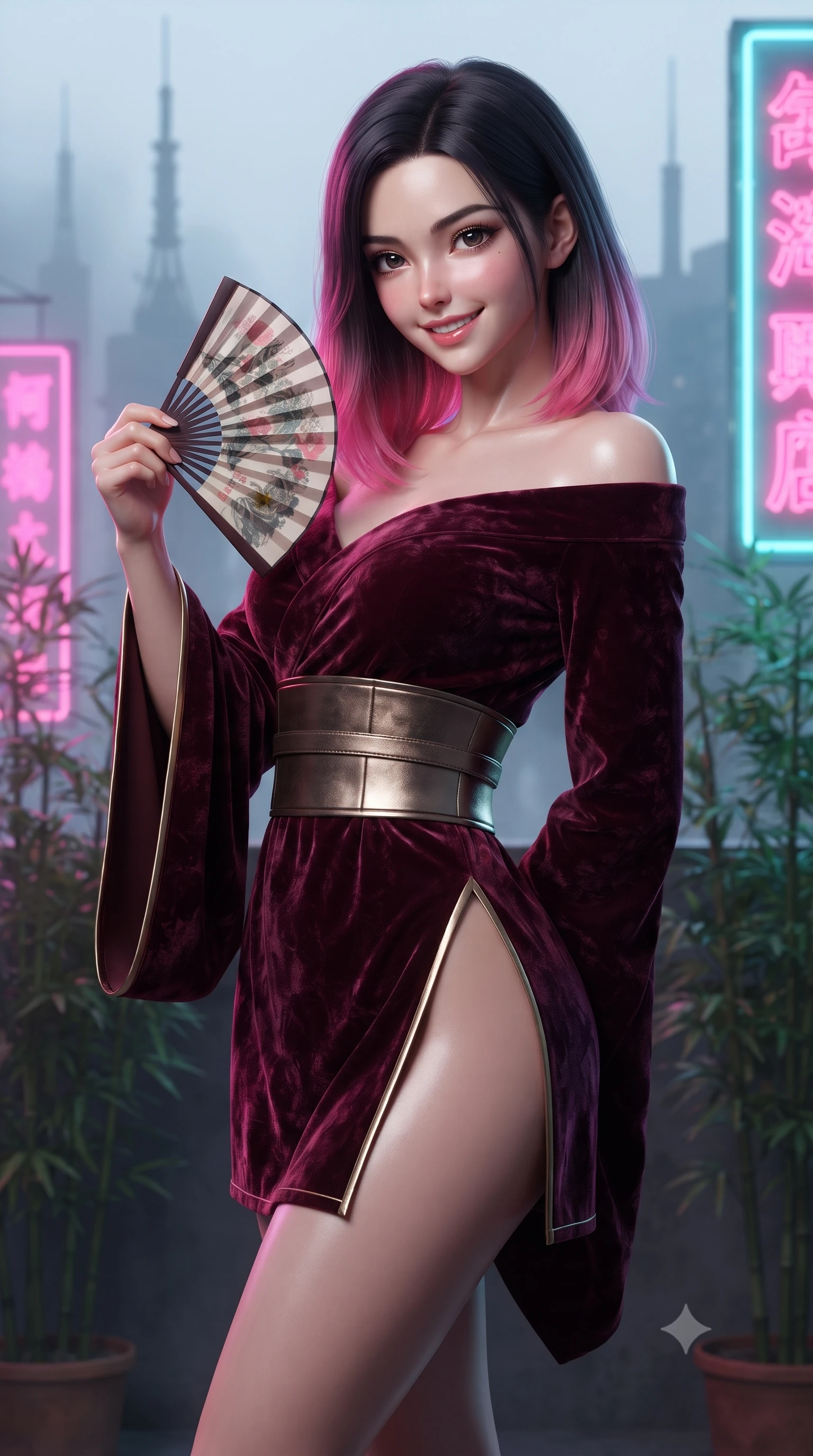 score_9, masterpiece, best quality, ultra-detailed, high-budget anime keyframe, editorial fashion photography, tasteful artistic composition, Korean woman. close-up cowboy shot from the waist and thighs up, the character dominates the composition, filling the frame with her large presence. playfully unfurling a painted silk fan toward the lens, her radiant smile capturing fresh girlhood charm while her arched torso reveals an intoxicating hip contour while twisting her slender torso in an alluring contrapposto stance among potted bamboo, vertical neon signs painting her curves in electric pink and cyan. The background shows a soft-focus drifting urban mist and silhouetted high-rise antenna spires softened in iconic Hong Kong noir shallow focus. She has an exceptionally elegant, slender, and willowy female figure with an ultra-slim waist, flat toned midriff, narrow ribcage, and sculpted feminine hips creating an alluring, slim hourglass silhouette without bulk. sharp v-shaped jawline, high-bridge nose, intricate jewel-like dark sparkling almond eyes with depth, thick lashes, glossy parted lips with a natural rose-plum sheen, bright alluring and coquettish smile with bedroom-eyes, exuding both timeless oriental elegance and sovereign high-fashion allure, flawlessly proportioned anatomical accuracy, strict slender model proportions, natural body alignment, perfectly sculpted long slender limbs, ultra-slim waistline, clean dynamic posture without body distortion. wearing an asymmetric off-shoulder cyber-kimono mini dress with a wide metallic obi corset belt accentuating her narrow waist in deep wine burgundy and brushed antique gold, crafted from sumptuous crushed winter velvet with deep light-absorbing plushness, finished with sharp laser-cut side hip slits framed by gold piping, the precision-cut side hip slits and low-back scoop framing her graceful spine and the sensual sweep of her slim, toned hips. illuminated by rooftop garden amber accents and sharp laser-cyan rim lighting sculpting her razor-sharp jawline, narrow waist, and curvy hips. ultra-reflective glossy finish, specular highlights, rich textural contrasts, high-contrast stereoscopic depth, volumetric dynamic lighting, 2k, ultra detail, master piece, 9:16 ratio