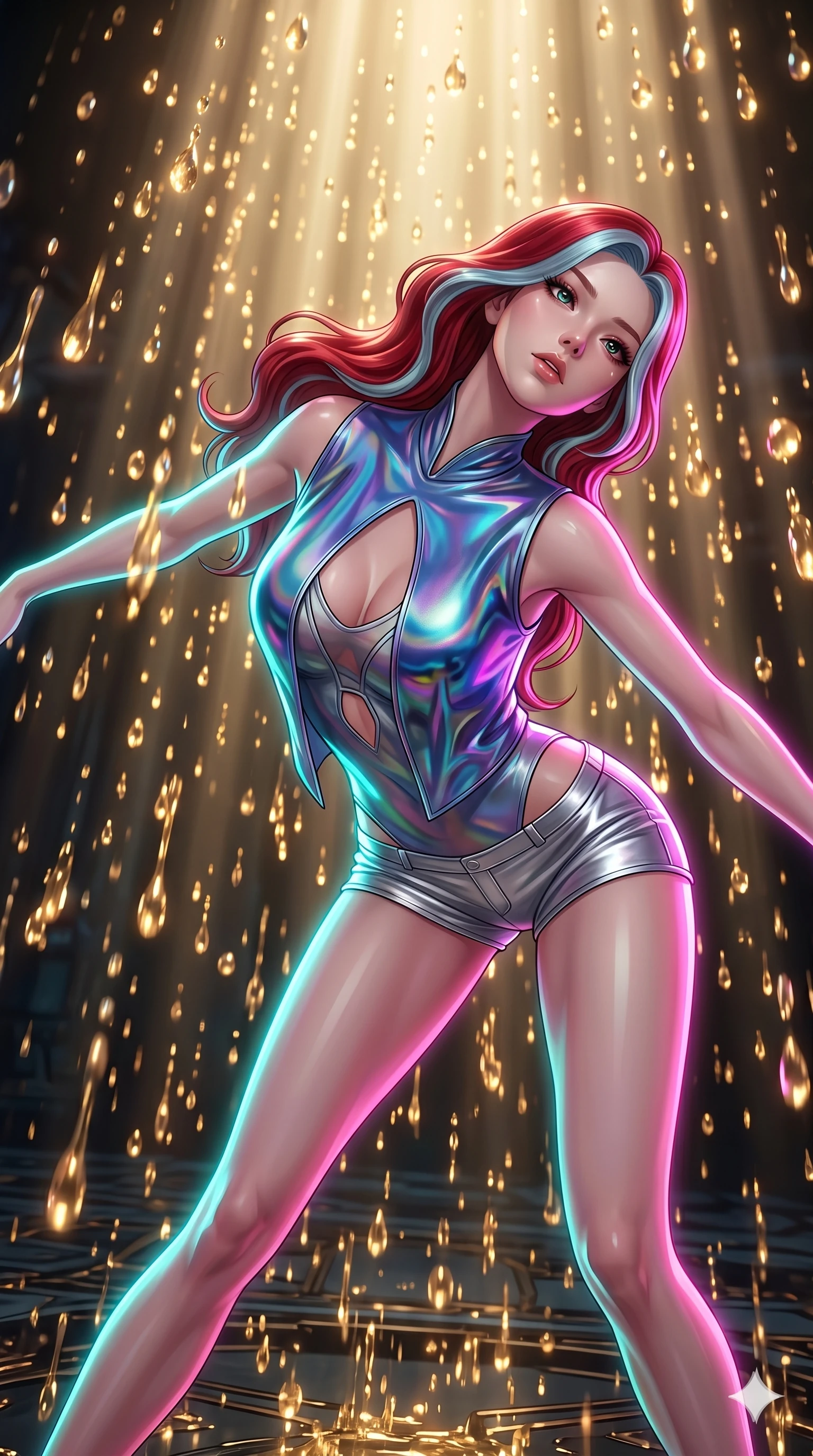 score_9, masterpiece, best quality, ultra-detailed, high-budget anime keyframe, Japanese woman. upper body close-up from the thighs up, character filling the screen for maximum presence. dodging ethereal liquid gold rain that rises upward from the ground in warm shimmering droplets under an inverted gravity field. She has an absolutely perfect 8-heads proportion, an exceptionally tall and slender female figure with impossibly long slender legs and an ultra-slim waist. V-shaped jawline, high-bridge nose, intricate jewel-like eyes with depth, thick eyelashes, glossy lips with a natural sheen.. wearing a holographic liquid silk vest and silver metallic micro-shorts, featuring a keyhole cutout and form-fitting silhouette. bathed in brilliant cinematic volumetric lighting and intense neon rim light highlighting her slender form. 2k, ultra detail, master piece, 9:16 ratio