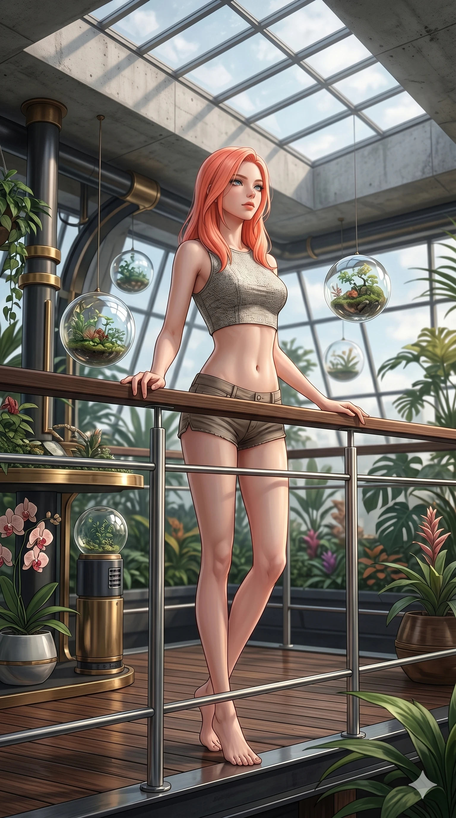 score_9, masterpiece, best quality, ultra-detailed, high-budget anime keyframe, editorial fashion photography, tasteful artistic composition, Japanese woman. cowboy shot from the thighs up, character and outfit filling the frame for maximum editorial presence. resting her hands on the deck railing, looking past the camera with serene self-assurance inside a retro-futuristic greenhouse with levitating glass spheres (Code-P18-096). She has an absolutely perfect 8-heads proportion, an exceptionally tall and slender female figure with impossibly long slender legs and an ultra-slim waist. V-shaped jawline, high-bridge nose, intricate jewel-like eyes with depth, thick eyelashes, glossy lips with a natural sheen. wearing a crop top exposing her bare midriff and micro-shorts. soft diffused light from a concrete skylight, highlighting her V-shaped jawline and nose. 2k, ultra detail, master piece, 9:16 ratio