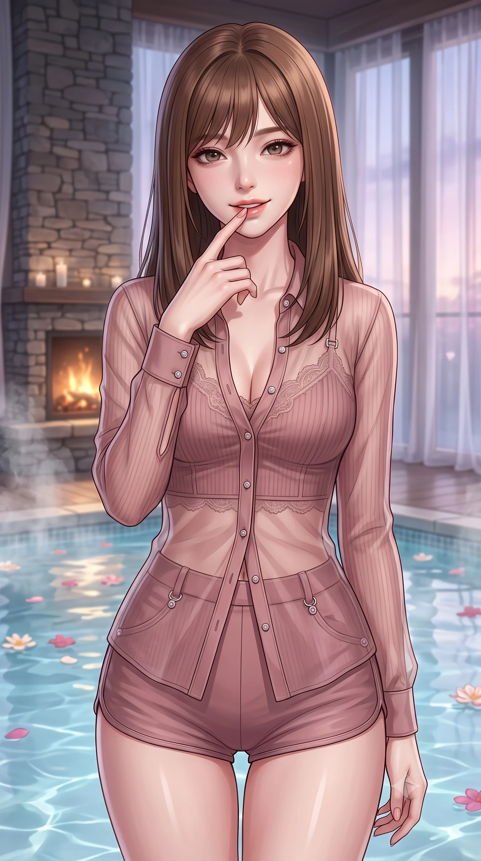 score_9, masterpiece, best quality, ultra-detailed, high-budget anime keyframe, editorial fashion photography, tasteful artistic composition, Korean woman. close-up cowboy shot from the waist and thighs up, the character dominates the composition, filling the frame with her large presence, background elements kept in soft focus. gently touching her lower lip with one finger, looking up at the viewer with a deeply charming, sultry smile set against a soft-focus background of inside an exclusive fireplace lounge with rising mineral steam and floating flower petals on the clear water surface. She has an exceptionally elegant, slender, and willowy female figure with an ultra-slim waist, a gracefully sculpted slender torso, and a refined silhouette. sharp v-shaped jawline, high-bridge nose, intricate jewel-like eyes with depth, thick eyelashes, glossy lips with a natural sheen. wearing slim-fit dusty rose ribbed cashmere sheer organza button-up shirt worn over a lace-accented crop top and high-cut mini shorts accented with delicate silver hardware. softened by diffused twilight glow filtering through sheer chiffon window curtains. highly saturated vibrant anime colors, detailed shading with soft gradients, rich glossy textures, high-contrast stereoscopic depth, volumetric dynamic lighting, master piece, 9:16 ratio