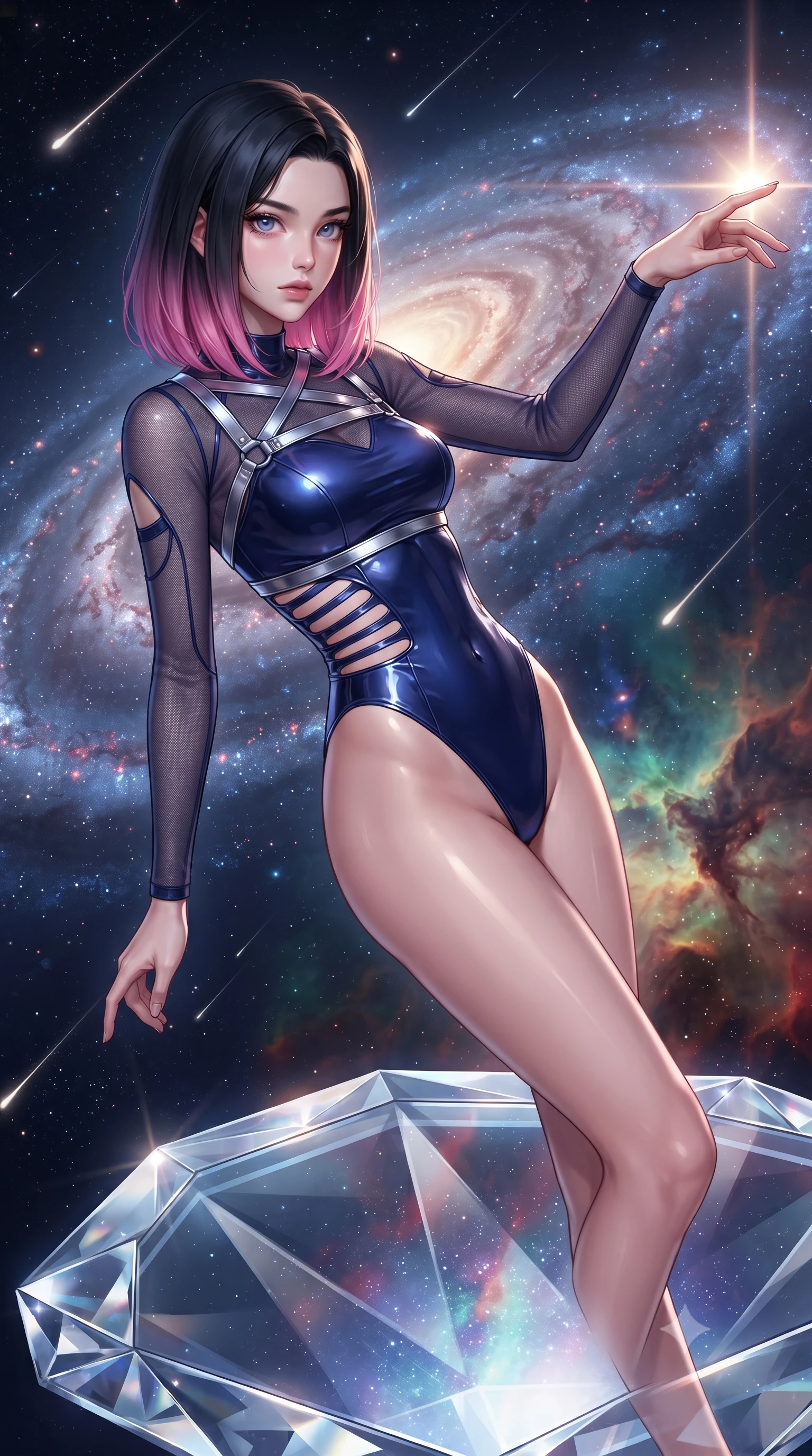 score_9, masterpiece, best quality, ultra-detailed, high-budget anime keyframe, editorial fashion photography, tasteful artistic composition, Korean woman. close-up cowboy shot from the waist and thighs up, the character dominates the composition, filling the frame with her large presence. extending one arm gracefully toward the light while her torso arches in a sleek, alluring curve with magnetic intensity while floating weightlessly on an open diamond-glass platform suspended in the vacuum of space amidst a swirling spiral galaxy. The surrounding environment is rendered in vivid detail and crisp panoramic clarity. razor-sharp diamond crystal facet edges, glowing galactic arm filaments, and shooting star trails in deep focus. She has an exceptionally elegant, slender, and willowy female figure with an ultra-slim waist, a gracefully sculpted slender torso, toned flat midriff, and a refined slim silhouette. sharp v-shaped jawline, high-bridge nose, intricate jewel-like eyes with depth, thick eyelashes, glossy lips with a natural sheen, flawlessly proportioned anatomical accuracy, strict slender model proportions, natural body alignment, perfectly sculpted long slender limbs, ultra-slim waistline, clean dynamic posture without body distortion. wearing an ultra-sleek high-cut tech-bodysuit featuring dangerous diagonal slitted cutouts on the midriff and shoulders, reinforced by a metallic silver harness and sheer mesh sleeves in deep royal navy blue and specular chrome, formed from high-gloss patent material with specular light reflections, complemented by criss-cross back straps highlighting her completely bare spine, the glove-like aerodynamic second-skin fit tightly clinging to her ultra-slender waist and athletic curves without adding bulk, accentuating her razor-sharp statuesque lines and slim hourglass silhouette. bathed in radiant starlight brilliance and multi-colored nebula ambient illumination. ultra-reflective glossy finish, specular highlights, metallic sheen, high-contrast stereoscopic depth, volumetric dynamic lighting, 2k, ultra detail, master piece, 9:16 ratio