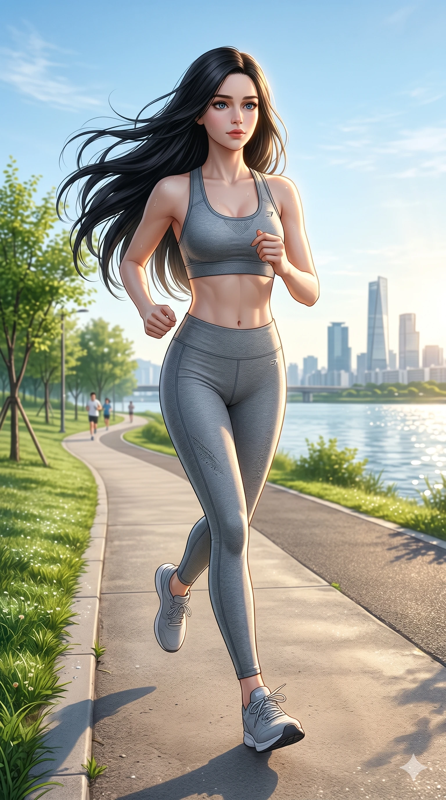 score_9, score_8_up, score_7_up, source_anime, masterpiece, best quality, ultra-detailed, same character with long flowing black hair, wearing a tight grey gym set of sports bra and leggings, full body shot jogging along the Han River park, bright morning sun, skyline in the distance, fresh and energetic atmosphere, 2k, 9:16 ratio