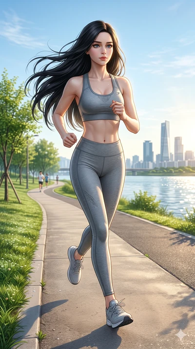 score_9, score_8_up, score_7_up, source_anime, masterpiece, best quality, ultra-detailed, same character with long flowing black hair, wearing a tight grey gym set of sports bra and leggings, full body shot jogging along the Han River park, bright mo