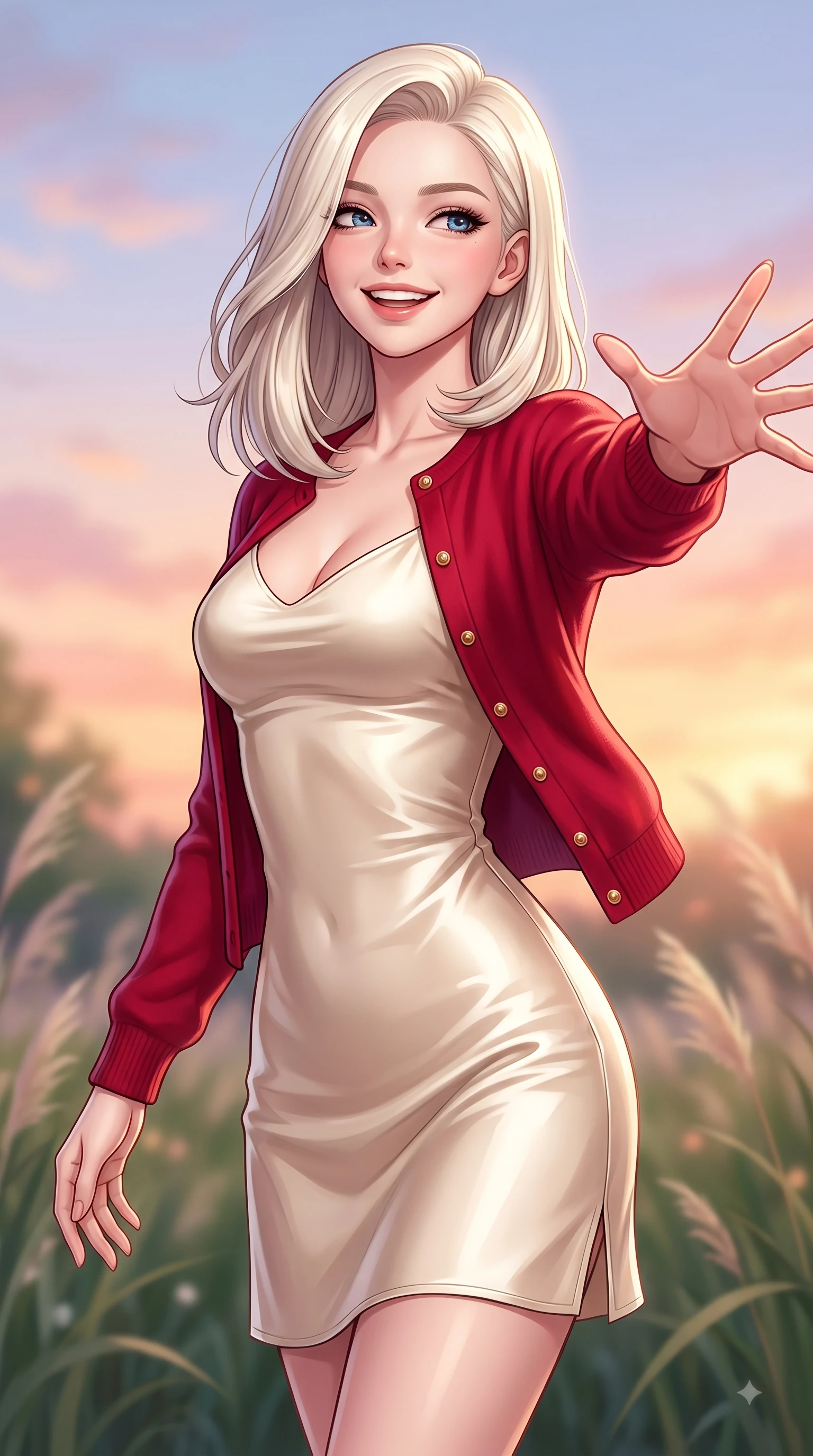 score_9, masterpiece, best quality, ultra-detailed, high-budget anime keyframe, editorial fashion photography, tasteful artistic composition, Caucasian woman. close-up cowboy shot from the waist and thighs up, the character dominates the composition, filling the frame with her large presence. Radiant youthful grin reflecting girlhood charm while casting a playful, joyful side-gaze with heavy lashes while reaching one hand out playfully toward the camera with a joyful, beaming smile. The composition keeps background elements in soft focus with dreamy bokeh. swaying park grasses and sunset sky gradients softened in dreamy background focus. She has an exceptionally elegant, slender, and willowy female figure with an ultra-slim waist, a gracefully sculpted slender torso, and a refined silhouette. sharp v-shaped jawline, high-bridge nose, intricate jewel-like eyes with depth, thick eyelashes, glossy lips with a natural sheen, flawlessly proportioned anatomical accuracy, natural body alignment, perfectly sculpted elegant limbs, clean dynamic posture without body distortion. wearing a glossy satin slip dress layered under a soft cashmere cardigan in vivid crimson red and champagne cream, crafted from smooth liquid silk satin, adorned with delicate gold buttons along the front, the form-contouring material highlighting her ultra-slim waist and long lines. surrounded by a serene, uplifting, and romantic park ambiance. highly saturated vibrant anime colors, detailed shading with soft gradients, rich glossy textures, high-contrast stereoscopic depth, volumetric dynamic lighting, master piece, 9:16 ratio