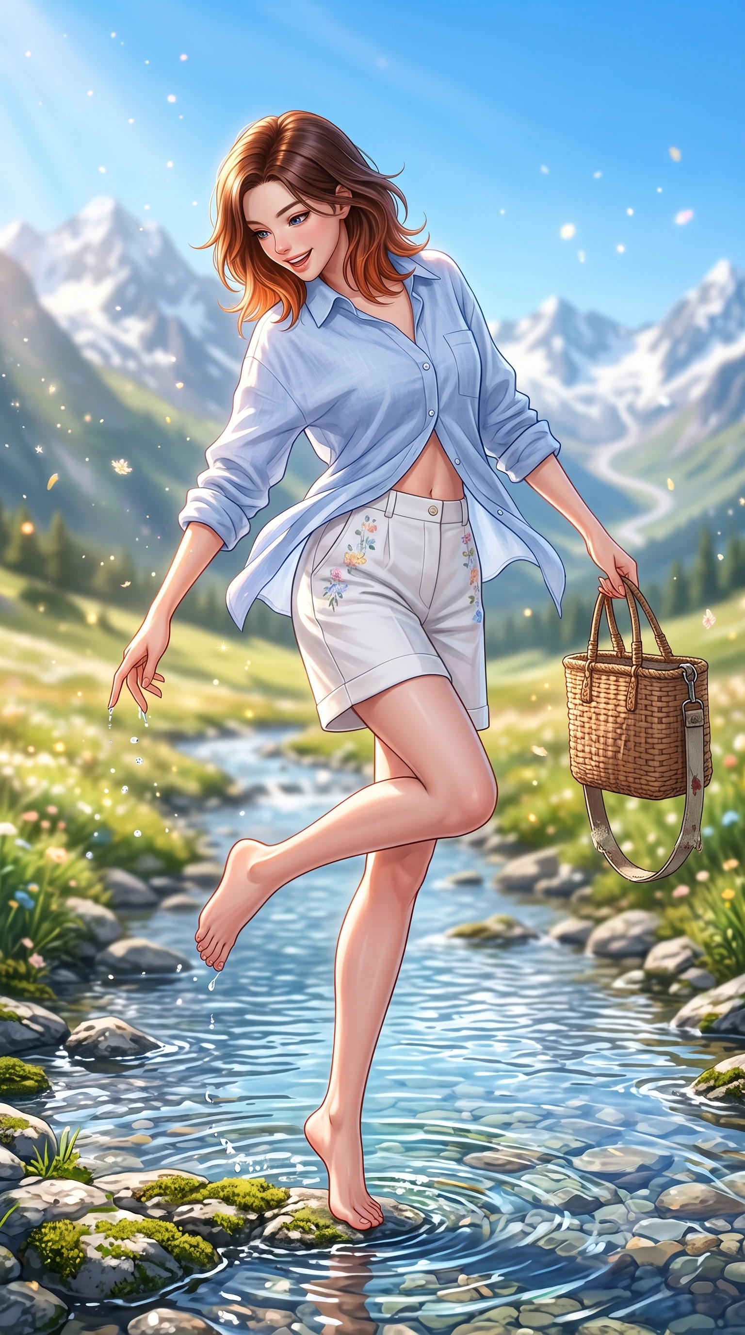 score_9, masterpiece, best quality, ultra-detailed, high-budget anime keyframe, semi-realistic 3D game render, editorial fashion photography, tasteful artistic composition, Korean woman. low angle full-body shot from head to toe showing her feet, filling the entire 9:16 vertical frame with her statuesque presence, stretching her vertical silhouette. standing poised on one leg with a playful hop and joyful expression, her long legs and slender figure highlighted against the landscape while dipping her fingertips playfully into a crystal-clear glacial mountain stream, her expression sparkling with pure delight. The composition keeps background elements in soft focus with creamy bokeh. sparkling mountain breeze sunbeams and floating flower pollen scattering warm dreamy light motes. She has an absolutely perfect, statuesque 8.5-heads proportion, an exceptionally tall and slender model-like female figure with impossibly long slender legs, a toned flat midriff, and an ultra-slim waist. sharp v-shaped jawline, high-bridge nose, intricate jewel-like eyes with depth, thick eyelashes, glossy lips with a natural sheen, pure and lovely fresh girlhood expression, flawlessly proportioned anatomical accuracy, strict slender model proportions, natural body alignment, perfectly sculpted long slender limbs, ultra-slim waistline, clean dynamic posture without body distortion. wearing a lightweight pastel linen button-down shirt paired with tailored high-rise white Bermuda shorts in fresh alpine white with subtle pastel floral accents, tailored from soft pastel lightweight wool blend with subtle texture, accessorized with a rustic woven wicker bag and canvas strap, the soft airy drape swaying gracefully with her dynamic movements, emphasizing her tall willowy build and slim waistline. surrounded by a fresh, uplifting, and enchantingly pure alpine girlhood aura. highly saturated vibrant anime colors, detailed shading with soft gradients, rich glossy textures, high-contrast stereoscopic depth, volumetric dynamic lighting, master piece, 9:16 ratio
