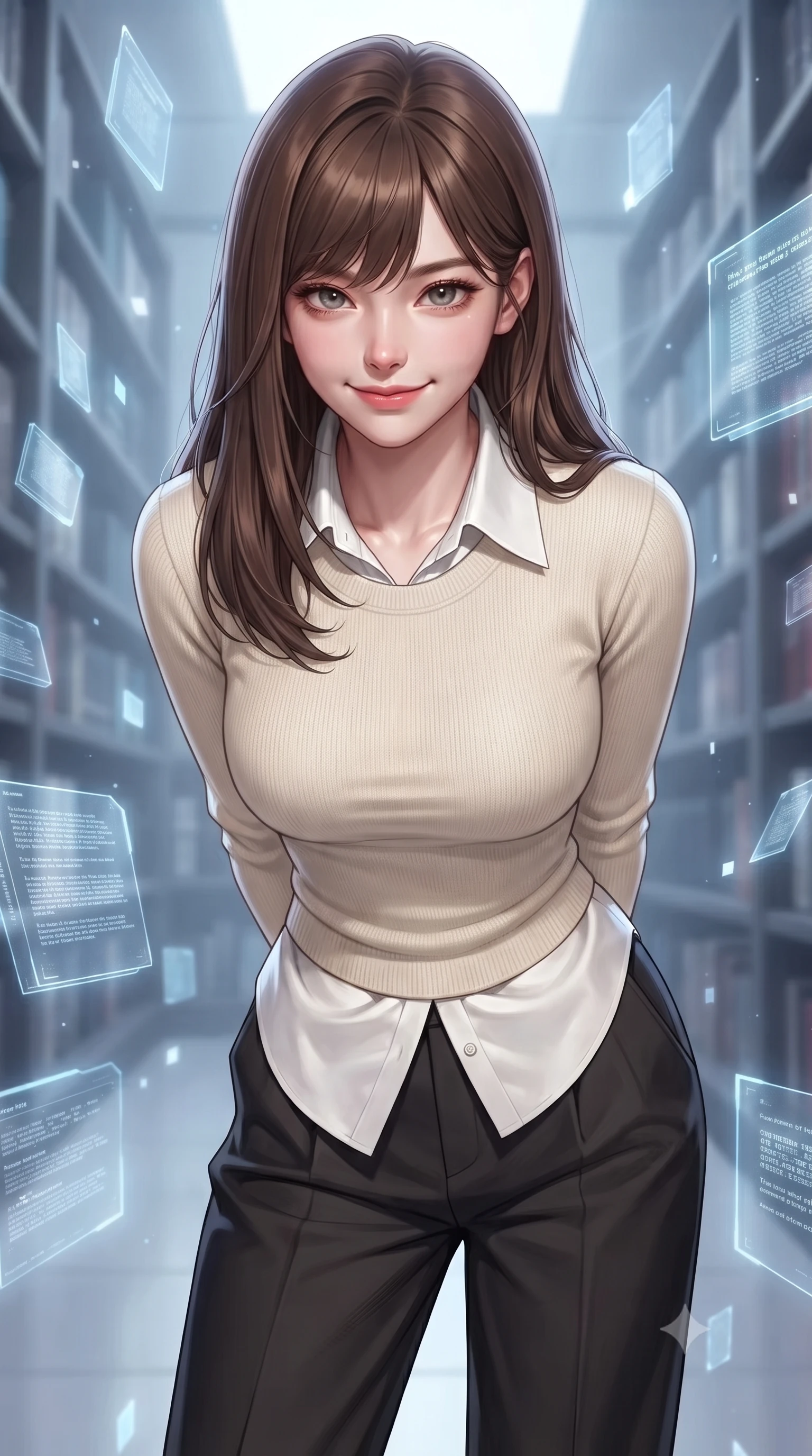 score_9, masterpiece, best quality, ultra-detailed, high-budget anime keyframe, editorial fashion photography, tasteful artistic composition, Korean woman. close-up cowboy shot from the waist and thighs up, the character dominates the composition, filling the frame with her large presence, background elements kept in soft focus. leaning slightly forward with a playful, teasing smile, her gaze locked onto the viewer the background shows a soft-focus a high-tech library archive room with glowing floating book data-shards. She has an exceptionally elegant, slender, and willowy female figure with an ultra-slim waist, a gracefully sculpted slender torso, and a refined silhouette. sharp v-shaped jawline, high-bridge nose, intricate jewel-like eyes with depth, thick eyelashes, glossy lips with a natural sheen. wearing a slim-fit comfortable cream knit sweater worn over a white silk button-down shirt and relaxed slacks. pure white and soft blue light casting an intelligent, serene ambiance. ultra-reflective glossy finish, specular highlights, metallic sheen, high-contrast stereoscopic depth, volumetric dynamic lighting, 2k, ultra detail, master piece, 9:16 ratio