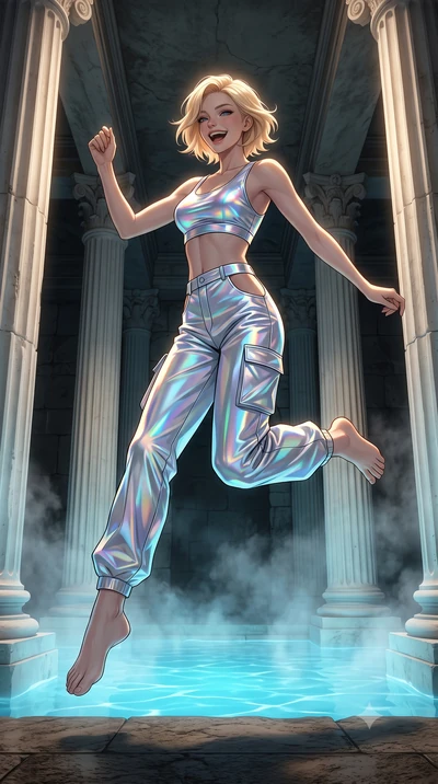 score_9, masterpiece, best quality, ultra-detailed, high-budget anime keyframe, editorial fashion photography, tasteful artistic composition, Caucasian woman, strictly human ears. low angle full-body shot from head to toe showing her feet, filling th