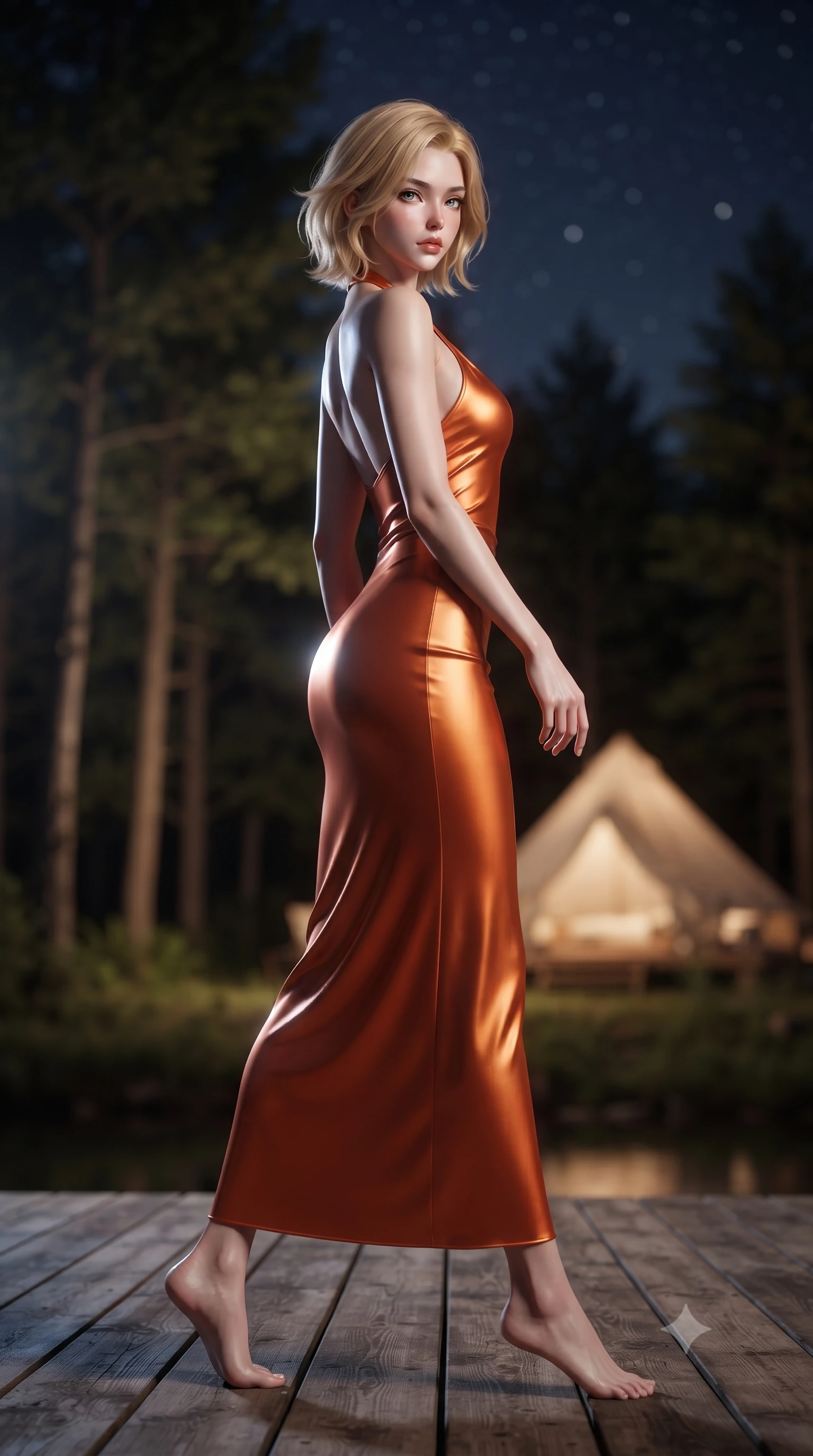 score_9, masterpiece, best quality, ultra-detailed, high-budget anime keyframe, editorial fashion photography, tasteful artistic composition, Caucasian woman. low angle full-body shot from head to toe showing her feet, filling the entire 9:16 vertical frame with her statuesque presence, stretching her vertical silhouette. stepping gracefully while looking back over her shoulder, her dress draped tightly to reveal her silhouette the background shows a soft-focus a wooden deck of a lakeside glamping site under a starry night sky and tall trees. She has an absolutely perfect, statuesque 8.5-heads proportion, an exceptionally tall and slender model-like female figure with impossibly long slender legs and an ultra-slim waist. sharp v-shaped jawline, high-bridge nose, intricate jewel-like eyes with depth, thick eyelashes, glossy lips with a natural sheen. wearing a body-hugging form-fitting liquid silk halter-neck maxi dress in sunset orange, draped elegantly to highlight her slender frame. soft silver moonlight wrapping her silhouette in a cool cosmic glow. ultra-reflective glossy finish, specular highlights, metallic sheen, high-contrast stereoscopic depth, volumetric dynamic lighting, 2k, ultra detail, master piece, 9:16 ratio