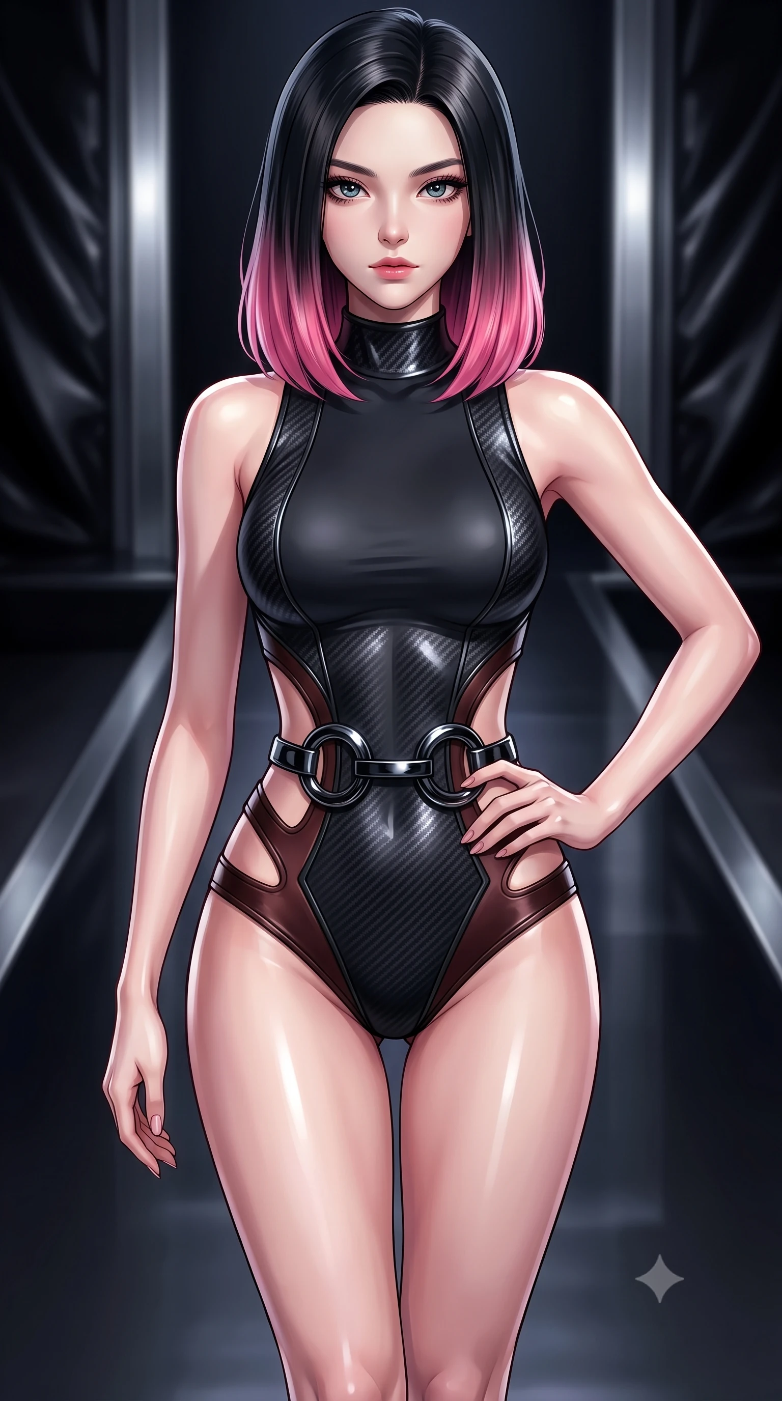 score_9, masterpiece, best quality, ultra-detailed, high-budget anime keyframe, editorial fashion photography, tasteful artistic composition, Korean woman. close-up cowboy shot from the waist and thighs up, the character dominates the composition, filling the frame with her large presence, background elements kept in soft focus. Holding a confident power pose with one hand on her hip, walking along a dark polished runway lined with dark titanium accents, high-contrast black leather and chrome textures glinting under key rays. She has an exceptionally elegant, slender, and willowy female figure with an ultra-slim waist, a gracefully sculpted slender torso, and a refined silhouette. sharp v-shaped jawline, high-bridge nose, intricate jewel-like eyes with depth, thick eyelashes, glossy lips with a natural sheen. wearing sculpted structured cup bodysuit in matte black carbon-fiber with hip cutouts in dark mahogany, made of liquid dark mercury jersey, accented with sculpted obsidian chrome rings at the waist, contouring every curve with an exceptionally elegant silhouette. illuminated by high-contrast studio key light creating intense specular highlights on latex. highly saturated vibrant anime colors, detailed shading with soft gradients, rich glossy textures, high-contrast stereoscopic depth, volumetric dynamic lighting, master piece, 9:16 ratio