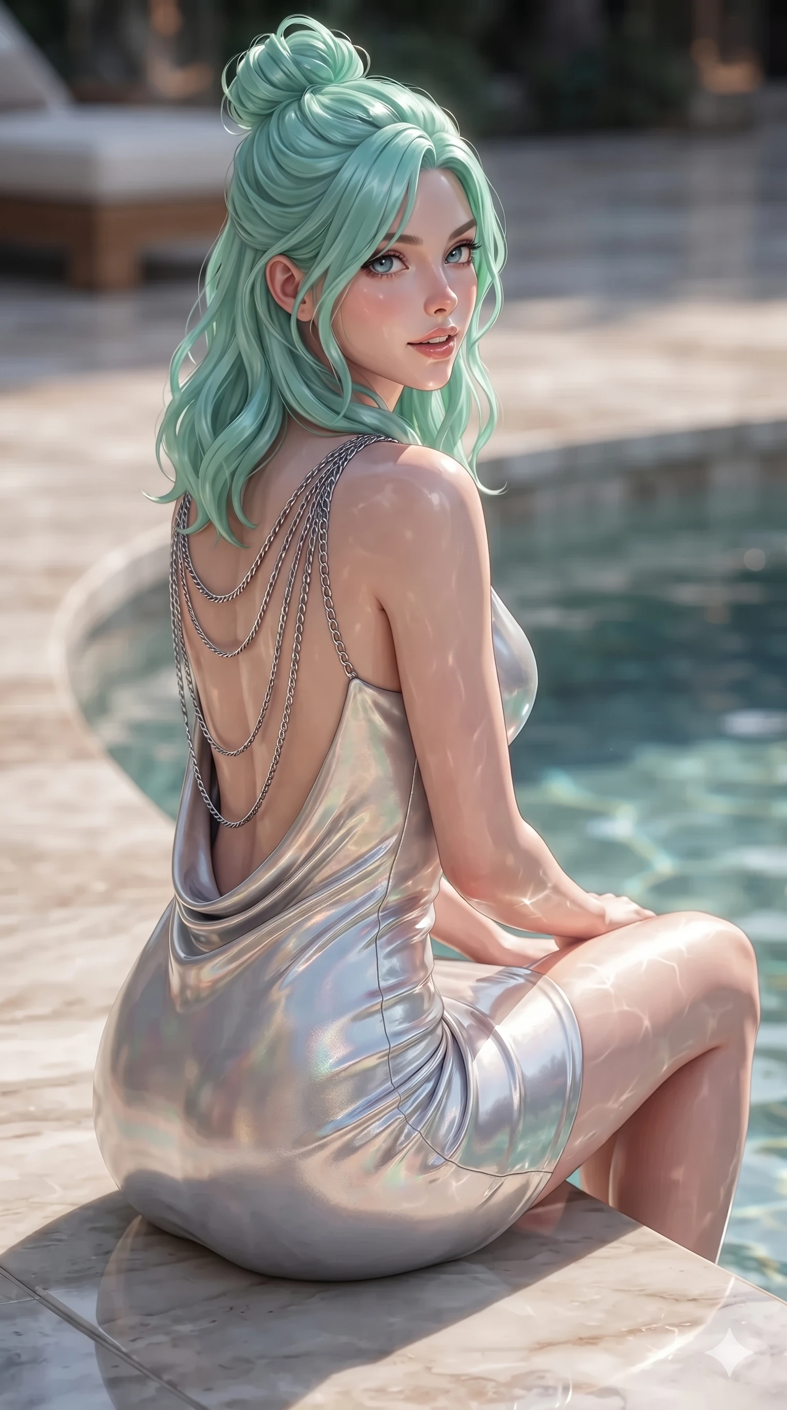 score_9, masterpiece, best quality, ultra-detailed, high-budget anime keyframe, editorial fashion photography, tasteful artistic composition, Japanese woman. close-up cowboy shot from the waist and thighs up, the character dominates the composition, filling the frame with her large presence. posing in an alluring rear three-quarter angle, looking over a bare shoulder with parted glossy lips, her hips cocked back to highlight her slim hourglass curve while sitting poised on the smooth stone pool coping with one knee bent, flashing an enchanting smile with parted glossy lips. The surrounding environment is rendered in vivid detail and crisp panoramic clarity: detailed second-skin maxi dress tailoring, sheer power-mesh side panels, and luxury cavern spa architecture in razor-sharp precision. She has an exceptionally elegant, slender, and willowy female figure with an ultra-slim waist, flat toned midriff, narrow ribcage, and sculpted feminine hips creating an alluring, slim hourglass silhouette without bulk. sharp v-shaped jawline, high-bridge nose, intricate jewel-like sparkling eyes with depth, thick eyelashes, glossy parted lips with a natural sheen, intensely captivating and seductive bedroom-eyes expression, exuding both youthful cute charm and sovereign luxury allure, flawlessly proportioned anatomical accuracy, strict slender model proportions, natural body alignment, perfectly sculpted long slender limbs, ultra-slim waistline, clean dynamic posture without body distortion. wearing a glove-like stretch lambskin leather sheath dress accentuating her ultra-slim waistline without bulk in iridescent mother-of-pearl and liquid molten silver, woven from stretch metallic lurex jersey casting radiant starlight glints across her curves, accented with an open-back drape framed by falling strands of delicate chrome chains, the impeccably tailored cut draping gracefully along her slender figure with aristocratic poise. illuminated by water reflection bounce and sharp amber-gold rim lights sculpting her razor-sharp jawline, narrow waist, and curvy hips. ultra-reflective glossy finish, specular highlights, rich textural contrasts, high-contrast stereoscopic depth, volumetric dynamic lighting, 2k, ultra detail, master piece, 9:16 ratio