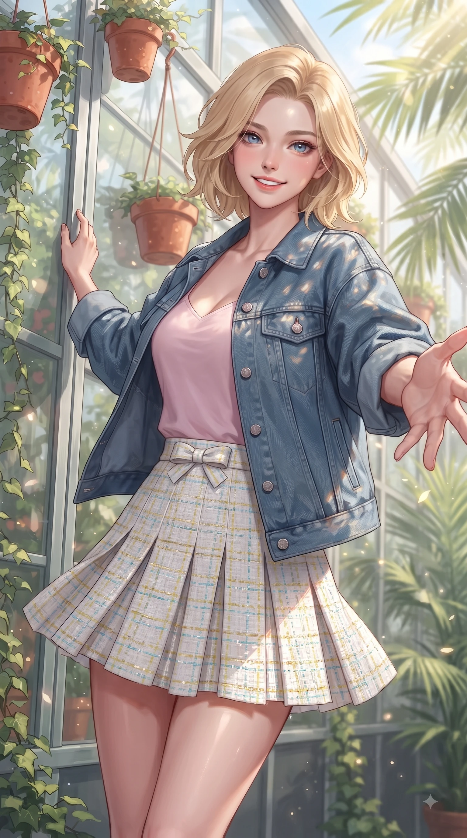 score_9, masterpiece, best quality, ultra-detailed, high-budget anime keyframe, editorial fashion photography, tasteful artistic composition, Caucasian woman. close-up cowboy shot from the waist and thighs up, the character dominates the composition, filling the frame with her large presence. Fresh enchanting smile, her eyes twinkling like jewels in the bright sunlight as one arm reaches out cheerfully while leaning against a glass greenhouse wall surrounded by hanging terracotta flower pots and ivy. The composition keeps background elements in soft focus with dreamy bokeh. sun-drenched tropical palm leaves scattering soft background light motes around her silhouette. She has an exceptionally elegant, slender, and willowy female figure with an ultra-slim waist, a gracefully sculpted slender torso, and a refined silhouette. sharp v-shaped jawline, high-bridge nose, intricate jewel-like eyes with depth, thick eyelashes, glossy lips with a natural sheen, flawlessly proportioned anatomical accuracy, natural body alignment, perfectly sculpted elegant limbs, clean dynamic posture without body distortion. wearing a trendy oversized denim jacket over a soft pastel pink camisole and white pleated mini skirt in sunny daffodil yellow and clear sky blue, tailored from soft pastel tweed with subtle metallic thread, accented with a dainty waist ribbon bow, the soft airy drape swaying gracefully with her dynamic movements. illuminated by fresh botanical sunbeams casting delicate leaf patterns. ultra-reflective glossy finish, specular highlights, metallic sheen, high-contrast stereoscopic depth, volumetric dynamic lighting, 2k, ultra detail, master piece, 9:16 ratio