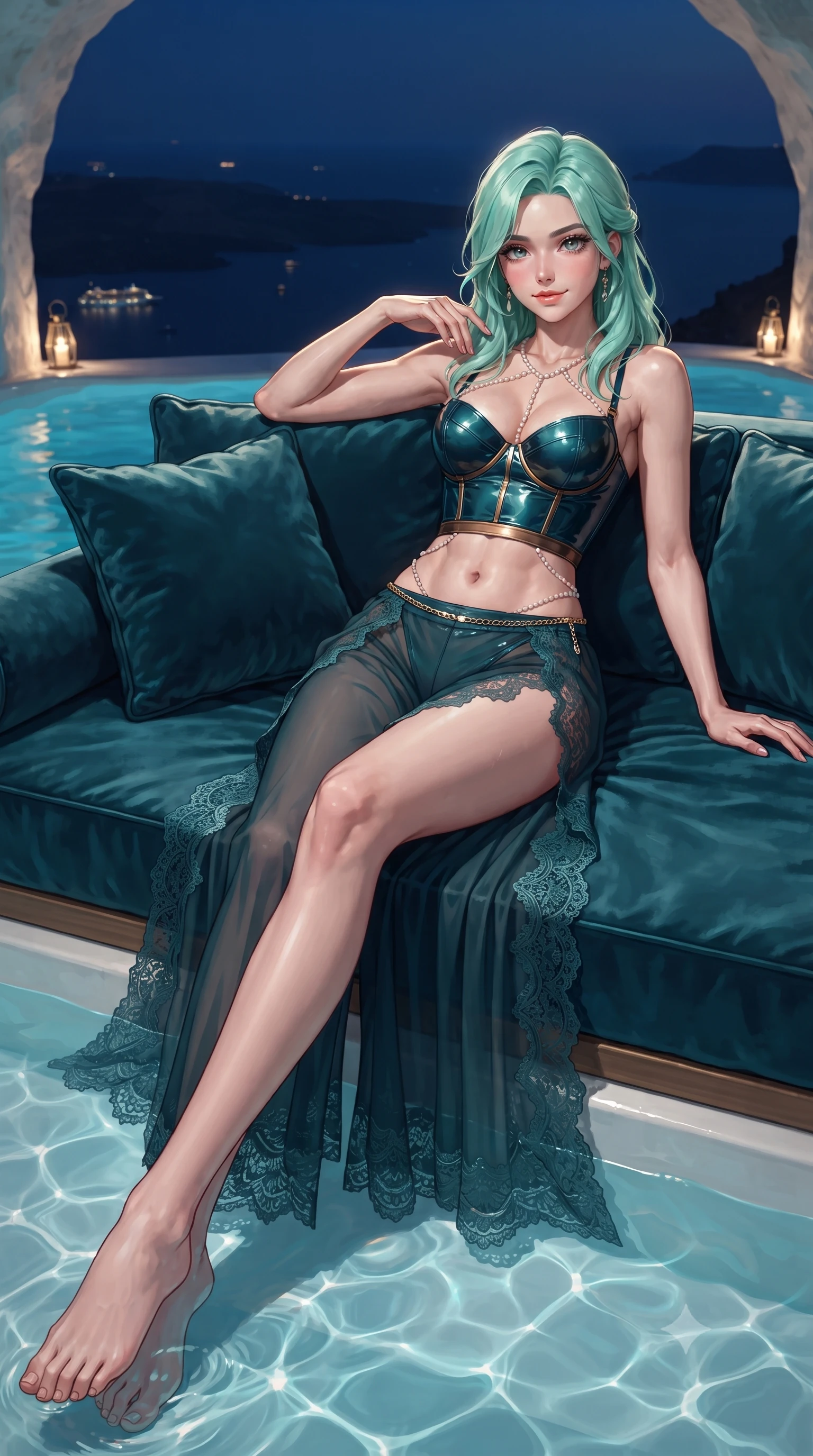 score_9, masterpiece, best quality, ultra-detailed, high-budget anime keyframe, editorial fashion photography, tasteful artistic composition, Japanese woman. low angle full-body shot from head to toe showing her feet, filling the entire 9:16 vertical frame with her statuesque presence, stretching her vertical silhouette. lounging on the lavish daybed with legs crossed and hips angled toward the camera, displaying her toned midriff and long slender limbs with effortless siren poise while lounging in the shallow heated pool propped on one elbow, her flat midriff and long slender legs commanding the panoramic island night vista. The surrounding environment is rendered in vivid detail and crisp panoramic clarity: detailed wet-look liquid satin slip cling, gold waist chain shine, and Santorini cave suite architecture in razor-sharp precision. She has an absolutely perfect, statuesque 8.5-heads proportion, an exceptionally tall and slender model-like female figure with impossibly long slender legs, an ultra-slim waist, a flat toned midriff, narrow delicate ribcage, and beautifully sculpted feminine hips creating a graceful, slim hourglass silhouette without any bulky heaviness. sharp v-shaped jawline, high-bridge nose, sparkling eyes with hypnotic seductive depth, thick curled eyelashes, glossy parted lips with a natural dewy peach sheen, alluring bedroom-eyes with an enchanting coquettish smile, exuding magnetic siren charisma and sophisticated glamour, flawlessly proportioned anatomical accuracy, strict slender model proportions, natural body alignment, perfectly sculpted long slender limbs, ultra-slim waistline, clean dynamic posture without body distortion. wearing a wet-look form-fitting vinyl bustier paired with sheer chiffon high-slit wide-leg trousers in deep peacock teal and burnished antique brass, made of delicate semi-sheer French Chantilly lace with intricate eyelash edges, accented with a pearl-drop body harness subtly framing her dewy collarbones and spine, the form-contouring silhouette accentuating her sculpted flat midriff, narrow delicate ribcage, and gracefully curvy hips with intoxicating allure. illuminated by aquatic reflection caustics and sharp platinum-gold rim lights sculpting her razor-sharp jawline, narrow waist, and curvy hips. ultra-reflective glossy finish, specular highlights, rich textural contrasts, high-contrast stereoscopic depth, volumetric dynamic lighting, 2k, ultra detail, master piece, 9:16 ratio
