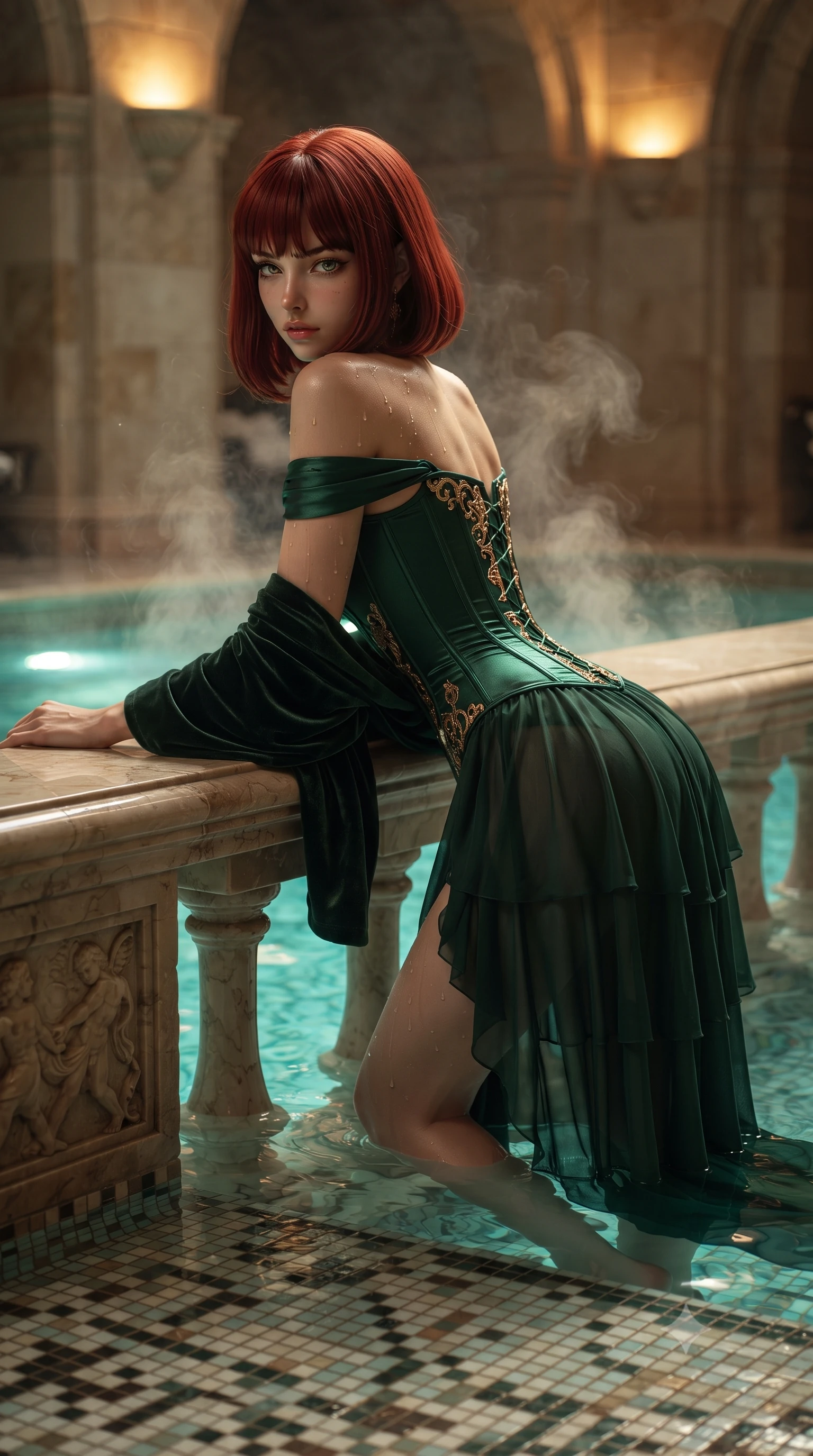 score_9, masterpiece, best quality, ultra-detailed, high-budget anime keyframe, editorial fashion photography, tasteful artistic composition, Caucasian woman. close-up cowboy shot from the waist and thighs up, the character dominates the composition, filling the frame with her large presence. leaning forward against the polished railing with her hips cocked back, creating an intoxicating curve from her narrow waist to sculpted hips as she gazes back into the lens while wading through the steaming turquoise mineral water, arching her spine in pure pleasure as warm steam caresses her slender waist. The surrounding environment is rendered in vivid detail and crisp panoramic clarity. sharp mosaic tile tesserae, distinct water droplet tracks on skin, and carved stone relief in deep focus. She has an exceptionally elegant, slender, and willowy female figure with an ultra-slim waist, flat toned midriff, narrow ribcage, and sculpted feminine hips creating an alluring, slim hourglass silhouette without bulk. sharp v-shaped jawline, high-bridge nose, intricate jewel-like eyes with depth, thick eyelashes, glossy parted lips with a natural sheen, intensely captivating and seductive bedroom-eyes expression, flawlessly proportioned anatomical accuracy, strict slender model proportions, natural body alignment, perfectly sculpted long slender limbs, ultra-slim waistline, clean dynamic posture without body distortion. wearing an off-shoulder French court corset bodice dress paired with a tiered translucent chiffon slit skirt in deep emerald green satin and gold hardware, tailored from liquid silk jersey adhering flawlessly to her slender build, complemented by a plush velvet shawl draped loosely over her elbows, the second-skin form-contouring cut accentuating her sculpted flat midriff, narrow delicate ribcage, and gracefully curvy hips with supermodel precision. bathed in soft underwater turquoise pool illumination and warm golden stone sconce uplights. ultra-reflective glossy finish, specular highlights, rich textural contrasts, high-contrast stereoscopic depth, volumetric dynamic lighting, 2k, ultra detail, master piece, 9:16 ratio
