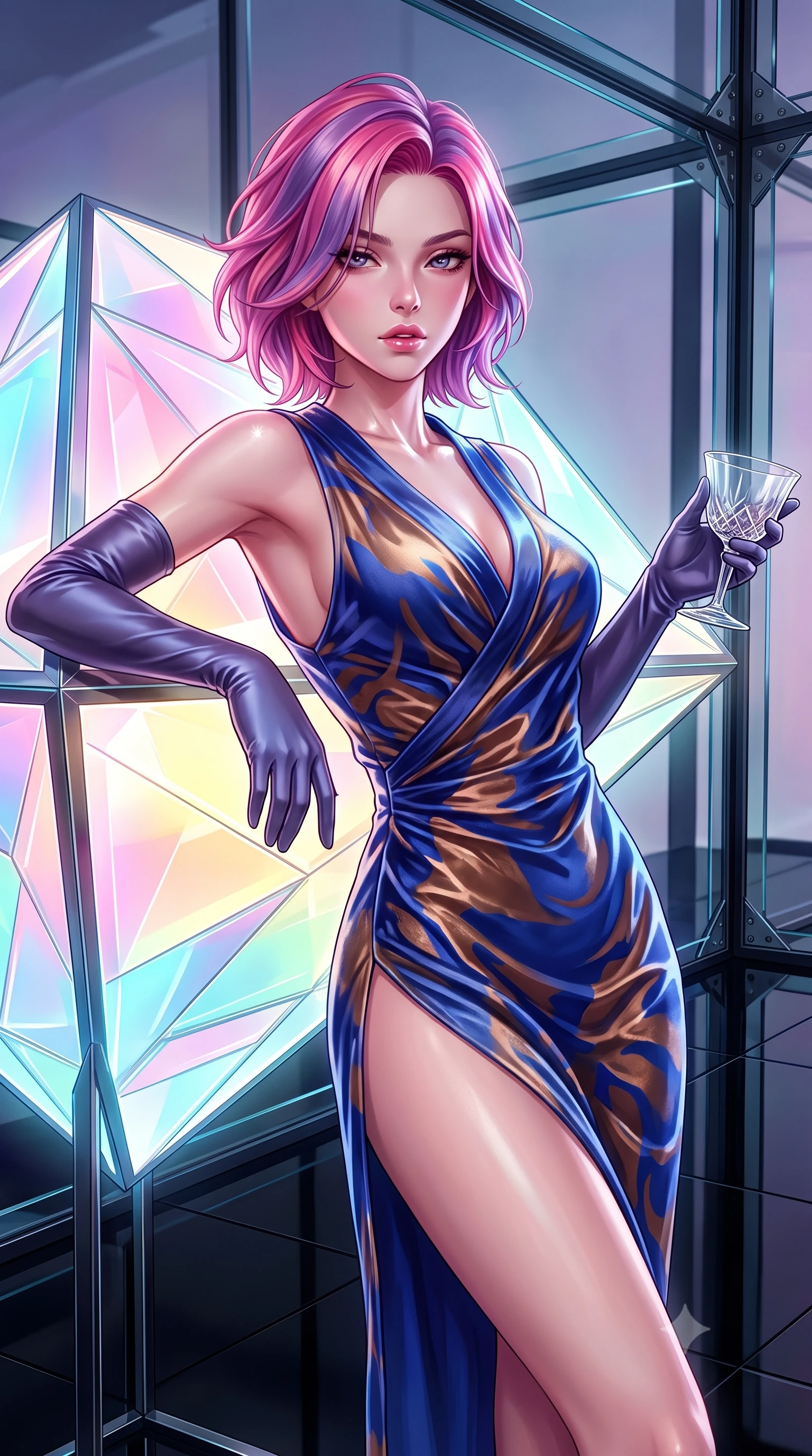 score_9, masterpiece, best quality, ultra-detailed, high-budget anime keyframe, semi-realistic 3D game render, editorial fashion photography, tasteful artistic composition, Caucasian woman. close-up cowboy shot from the waist and thighs up, the character dominates the composition, filling the frame with her large presence. leaning back with relaxed seductive grace, her sculpted collarbones and narrow waist highlighted as she casts smoldering bedroom-eyes directly into the camera while standing poised beside a glowing geometric art installation, twisting her slender torso in an alluring contrapposto stance in the designer light. The surrounding environment is rendered in vivid detail and crisp panoramic clarity. sharp glass bevel joints, black resin floor mirror reflections, and architectural steel frame connections in deep focus. She has an exceptionally elegant, slender, and willowy female figure with an ultra-slim waist, flat toned midriff, narrow ribcage, and sculpted feminine hips creating an alluring, slim hourglass silhouette without bulk. sharp v-shaped jawline, high-bridge nose, intricate jewel-like eyes with depth, thick eyelashes, glossy parted lips with a natural sheen, intensely captivating and seductive bedroom-eyes expression, flawlessly proportioned anatomical accuracy, strict slender model proportions, natural body alignment, perfectly sculpted long slender limbs, ultra-slim waistline, clean dynamic posture without body distortion. wearing a delicate semi-translucent silk yukata that clings to her wet skin and curvy hip contours in royal sapphire blue and liquid bronze, crafted from heavyweight crushed silk velvet with liquid vintage luster, accessorized with opera-length satin gloves and a vintage crystal glass, the form-contouring material adhering flawlessly to her sculpted flat midriff and slender torso, emphasizing her long leg lines and perfectly proportioned willowy build. illuminated by crisp crystal facet specular glints sharply defining her sculpted collarbones, ultra-slim waist, and curvy hips. highly saturated vibrant anime colors, detailed shading with soft gradients, rich glossy textures, high-contrast stereoscopic depth, volumetric dynamic lighting, master piece, 9:16 ratio