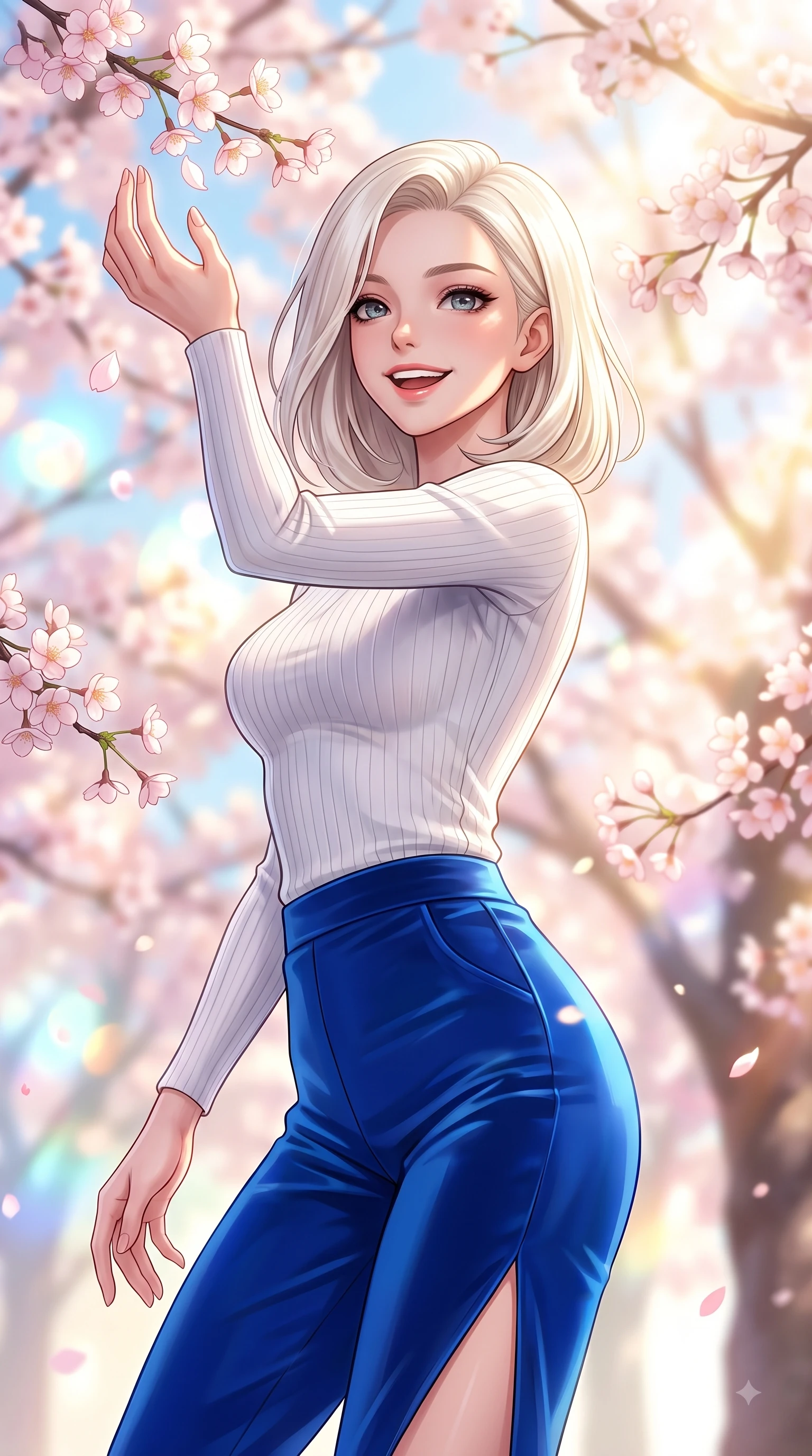 score_9, masterpiece, best quality, ultra-detailed, high-budget anime keyframe, editorial fashion photography, tasteful artistic composition, Caucasian woman. close-up cowboy shot from the waist and thighs up, the character dominates the composition, filling the frame with her large presence. Youthful bright smile exuding pure cute charm and fresh energy, her torso turning dynamically into the lens while reaching her hand up playfully to catch a floating blossom petal in mid-air. The composition keeps background elements in soft focus with dreamy bokeh. pastel spring sky refractions and flower branches blurred in smooth creamy depth. She has an exceptionally elegant, slender, and willowy female figure with an ultra-slim waist, a gracefully sculpted slender torso, and a refined silhouette. sharp v-shaped jawline, high-bridge nose, intricate jewel-like eyes with depth, thick eyelashes, glossy lips with a natural sheen, flawlessly proportioned anatomical accuracy, natural body alignment, perfectly sculpted elegant limbs, clean dynamic posture without body distortion. wearing a form-contouring ribbed knit top paired with high-waisted tailored stretch trousers in vibrant cobalt blue and crisp snow white, made of lustrous stretch velvet, featuring a sleek side leg slit ascending to mid-thigh, the form-contouring material highlighting her ultra-slim waist and long lines. bathed in bright morning sunbeams and warm golden sakura backlighting. highly saturated vibrant anime colors, detailed shading with soft gradients, rich glossy textures, high-contrast stereoscopic depth, volumetric dynamic lighting, master piece, 9:16 ratio