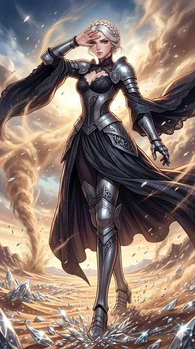 score_9, masterpiece, best quality, ultra-detailed, high-budget anime movie keyframe, cinematic anime lighting, intricate line art, Korean anime girl. Dynamic full-body shot stretching the vertical silhouette with extreme perspective. shielding her f