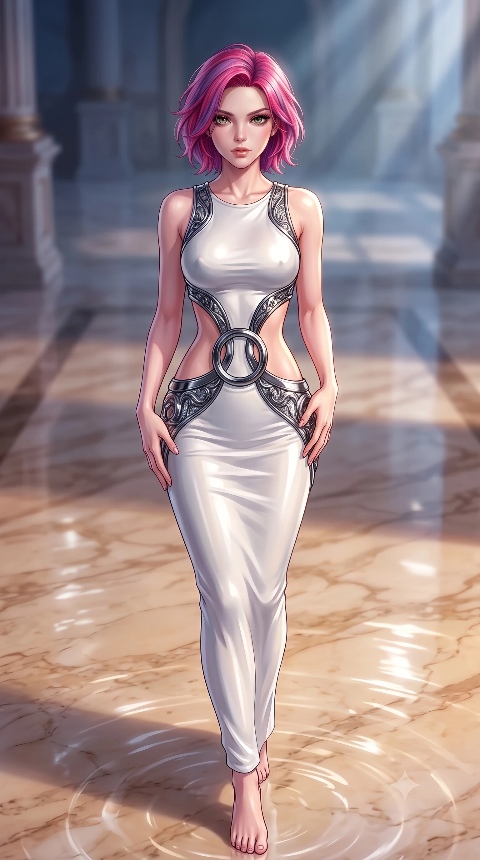 score_9, masterpiece, best quality, ultra-detailed, high-budget anime keyframe, editorial fashion photography, tasteful artistic composition, Caucasian woman. close-up cowboy shot from the waist and thighs up, the character dominates the composition, filling the frame with her large presence, background elements kept in soft focus. Casting a slow, direct gaze beneath heavy lashes with quiet intensity, stepping gracefully onto a warm marble floor glinting with moonlit ripples, dramatic open-waist cutout gown emphasizing her ultra-slim waist. She has an exceptionally elegant, slender, and willowy female figure with an ultra-slim waist, a gracefully sculpted slender torso, and a refined silhouette. sharp v-shaped jawline, high-bridge nose, intricate jewel-like eyes with depth, thick eyelashes, glossy lips with a natural sheen. wearing fitted liquid mercury jersey maxi dress hugging every curve in pearl white, made of sculpted obsidian metallic chrome, accented with sculpted obsidian chrome rings at the waist, highlighting her statuesque proportions and ultra-slim waistline. lit by clear moonbeam key rays casting soft graceful shadows. highly saturated vibrant anime colors, detailed shading with soft gradients, rich glossy textures, high-contrast stereoscopic depth, volumetric dynamic lighting, master piece, 9:16 ratio