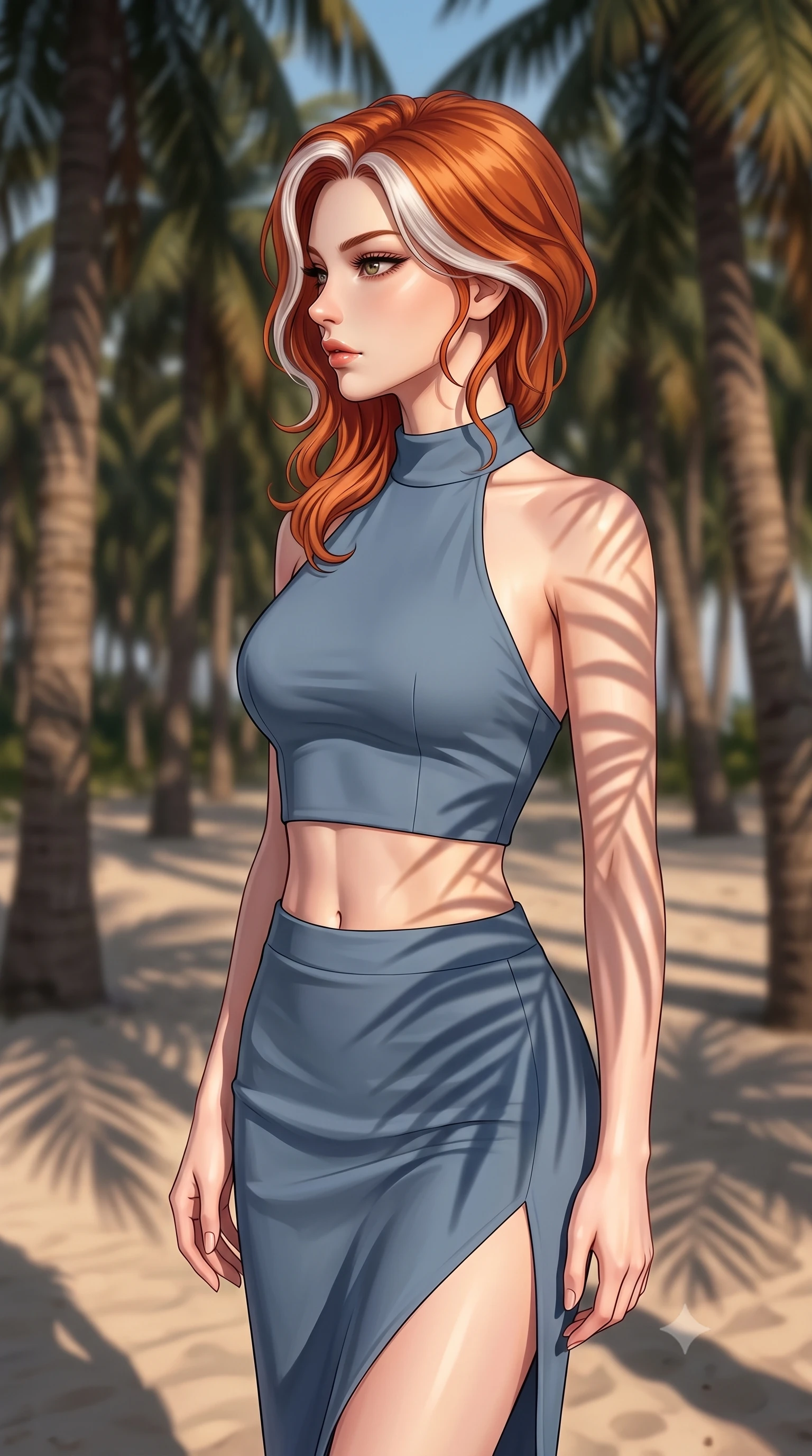 score_9, masterpiece, best quality, ultra-detailed, high-budget anime keyframe, editorial fashion photography, tasteful artistic composition, Caucasian woman woman. close-up cowboy shot from the waist and thighs up, the character dominates the composition, filling the frame with her large presence, background elements kept in soft focus. turning her face in sharp profile, casting a cold, mysterious, yet intensely sensual side gaze the background shows a soft-focus a grove of tall palm trees near the beach, their shadows drawing patterns on the sand. She has an exceptionally elegant, slender, and willowy female figure with an ultra-slim waist, a gracefully sculpted slender torso, and a refined silhouette. sharp v-shaped jawline, high-bridge nose, intricate jewel-like eyes with depth, thick eyelashes, glossy lips with a natural sheen. wearing a tailored cropped halter neck top in dusty blue paired with a side-slit midi skirt. warm late afternoon sunrays casting long palm leaf shadows on her form. 2k, ultra detail, master piece, 9:16 ratio