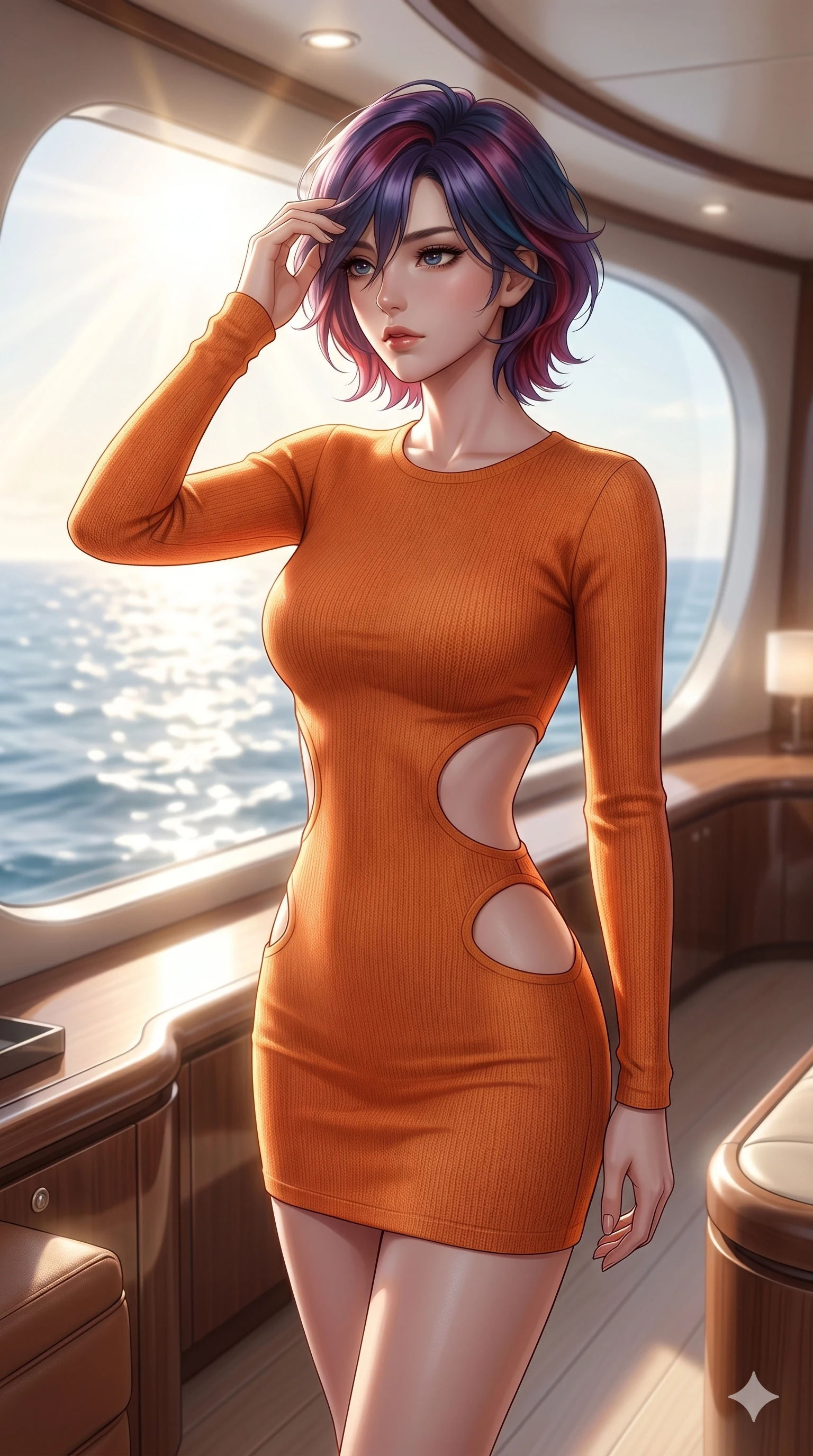 score_9, masterpiece, best quality, ultra-detailed, high-budget anime keyframe, editorial fashion photography, tasteful artistic composition, Korean woman. cowboy shot from the thighs up, character and outfit filling the frame for maximum editorial presence. wiping a lock of hair from her forehead, her expression cool and contemplative as she turns her head inside a private yacht cabin lounge with a large window showing the sunbeams reflecting off the ocean (Code-P069). She has an absolutely perfect 8-heads proportion, an exceptionally tall and slender female figure with impossibly long slender legs and an ultra-slim waist. V-shaped jawline, high-bridge nose, intricate jewel-like eyes with depth, thick eyelashes, glossy lips with a natural sheen. wearing a skin-tight orange knit dress with strategic curved cutouts at the waist and hip. bathed in soft morning sunbeams flowing into the room, creating a bright, glowing atmosphere. 2k, ultra detail, master piece, 9:16 ratio