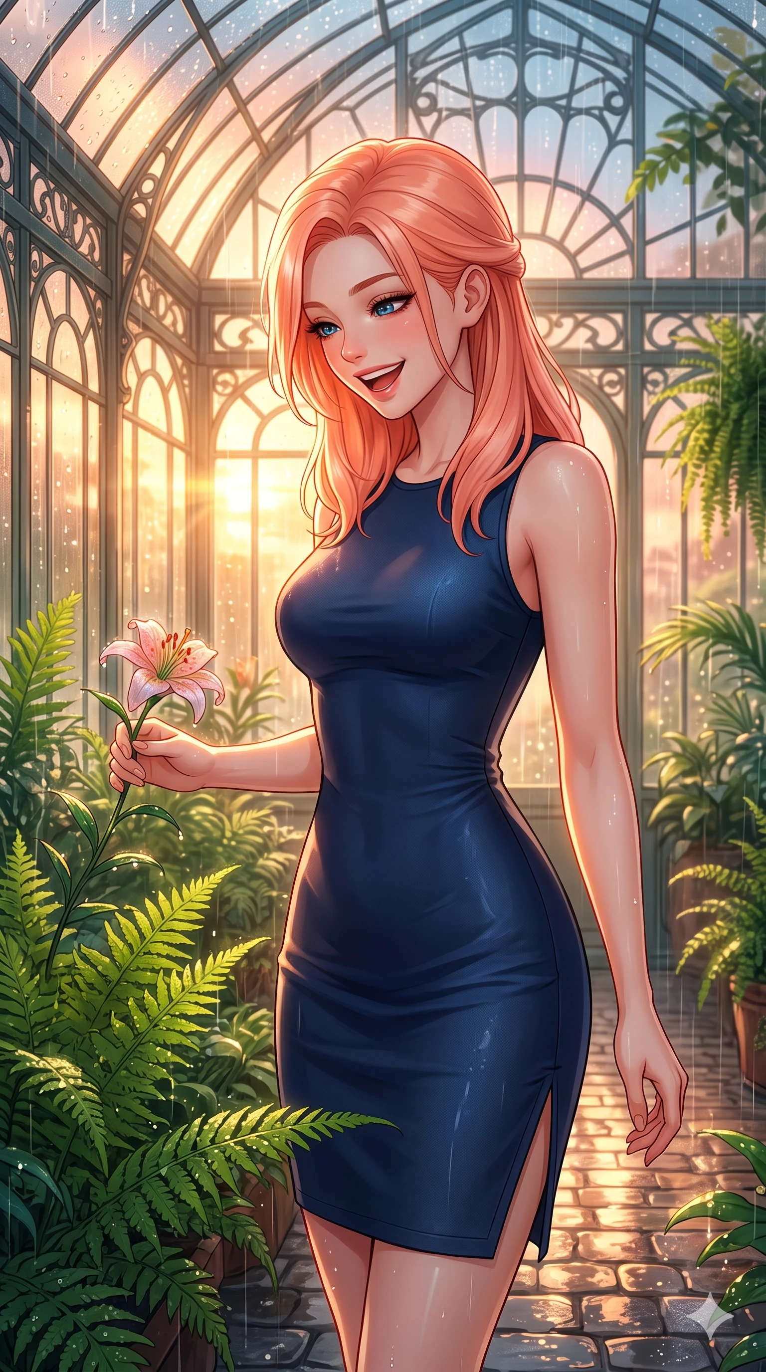 score_9, masterpiece, best quality, ultra-detailed, high-budget anime keyframe, vibrant anime aesthetic, Japanese woman. close-up cowboy shot from the waist and thighs up, the character dominates the composition, filling the frame with her large presence, background elements kept in soft focus. She is laughing happily while looking down at a blooming rain-drenched flower, her eyes glowing with lively energy standing amidst vibrant green ferns. inside an elegant art-nouveau conservatory filled with lush ferns, under a sun shower with volumetric light beams (Code-P22-094). She has an absolutely perfect proportion, an exceptionally elegant and slender female figure with an ultra-slim waist. V-shaped jawline, high-bridge nose, intricate jewel-like eyes with depth, thick eyelashes, glossy lips with a natural sheen. wearing a sleek bodycon dress featuring refined side vent accents in midnight blue. She is bathed in glowing sunset light reflecting off wet cobblestones, creating a warm, inviting, and atmospheric glow inside the glass pavilion. 2k, ultra detail, master piece, 9:16 ratio