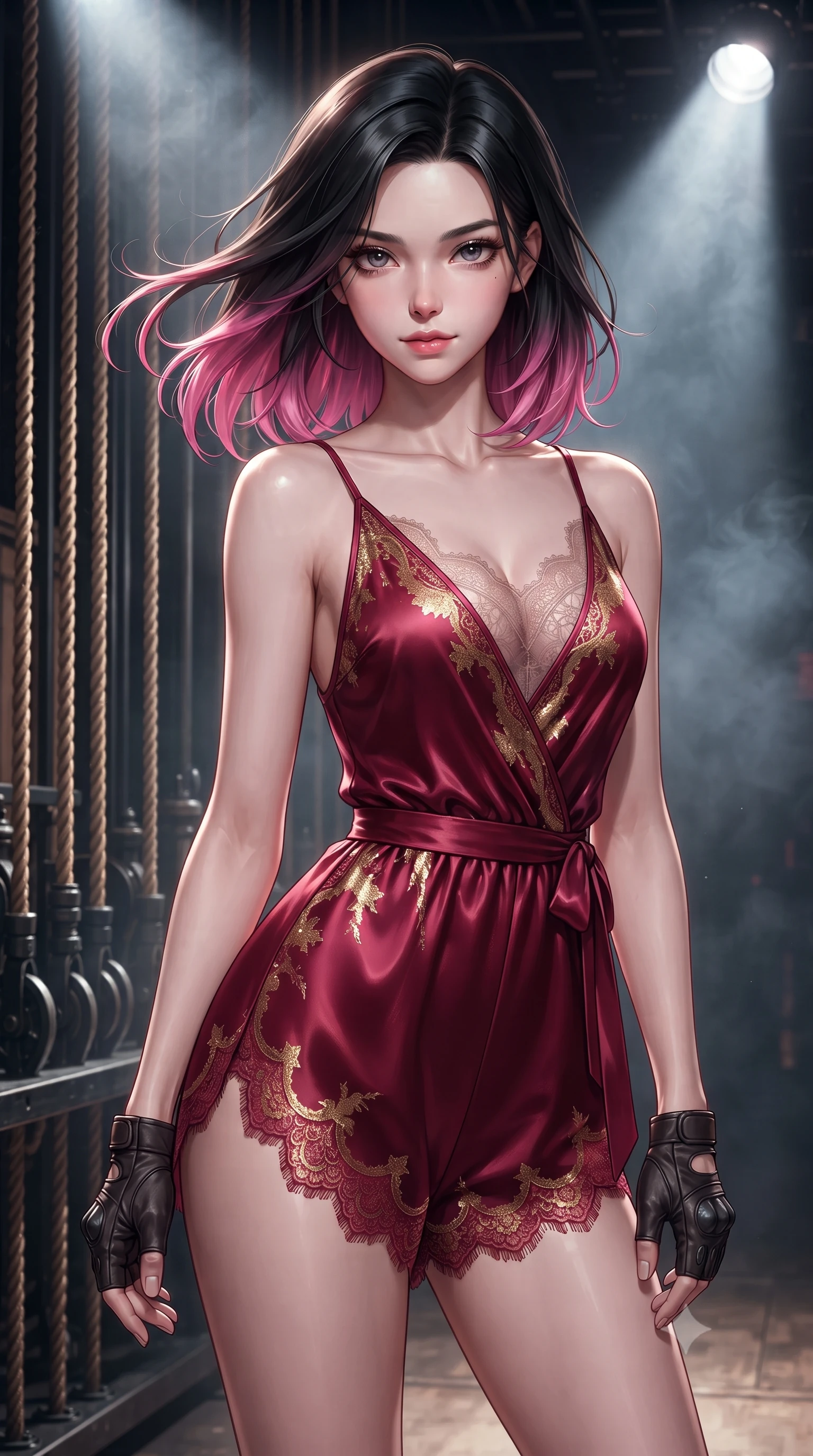 score_9, masterpiece, best quality, ultra-detailed, high-budget anime keyframe, editorial fashion photography, tasteful artistic composition, Korean woman. close-up cowboy shot from the waist and thighs up, the character dominates the composition, filling the frame with her large presence. turning slowly with an enchanting smoldering smile, her glossy hair tossing in the breeze as her hips angle gracefully in a captivating contrapposto while twisting her slender torso in an alluring S-curve, theatrical stage spotlights casting dramatic shadows across her waist and hips. The surrounding environment is rendered in vivid detail and crisp panoramic clarity: sharp hemp rope fiber texture, cast-iron pulley grooves, and wooden fly rail pins in deep focus. She has an exceptionally elegant, slender, and willowy female figure with an ultra-slim waist, flat toned midriff, narrow ribcage, and sculpted feminine hips creating an alluring, slim hourglass silhouette without bulk. sharp v-shaped jawline, high-bridge nose, sparkling eyes with hypnotic seductive depth, thick curled eyelashes, glossy parted lips with a natural dewy peach sheen, alluring bedroom-eyes with an enchanting coquettish smile, exuding magnetic siren charisma and sophisticated glamour, flawlessly proportioned anatomical accuracy, strict slender model proportions, natural body alignment, perfectly sculpted long slender limbs, ultra-slim waistline, clean dynamic posture without body distortion. wearing a deep V-neck silk satin ballerina romper with scalloped eyelash-lace hems and a cinched satin waist ribbon in royal opera house crimson velvet and shimmering gold leaf, made of delicate semi-sheer French Chantilly lace with intricate eyelash edges, finished with fingerless matte leather tactical driving gloves with reinforced knuckles, the high-slit wrap tailoring accentuating her ultra-slim waistline and the enchanting curve of her feminine hips with alluring seductive charm. bathed in dramatic theatrical follow-spotlight beams cutting through hazy stage air. ultra-reflective glossy finish, specular highlights, rich textural contrasts, high-contrast stereoscopic depth, volumetric dynamic lighting, 2k, ultra detail, master piece, 9:16 ratio