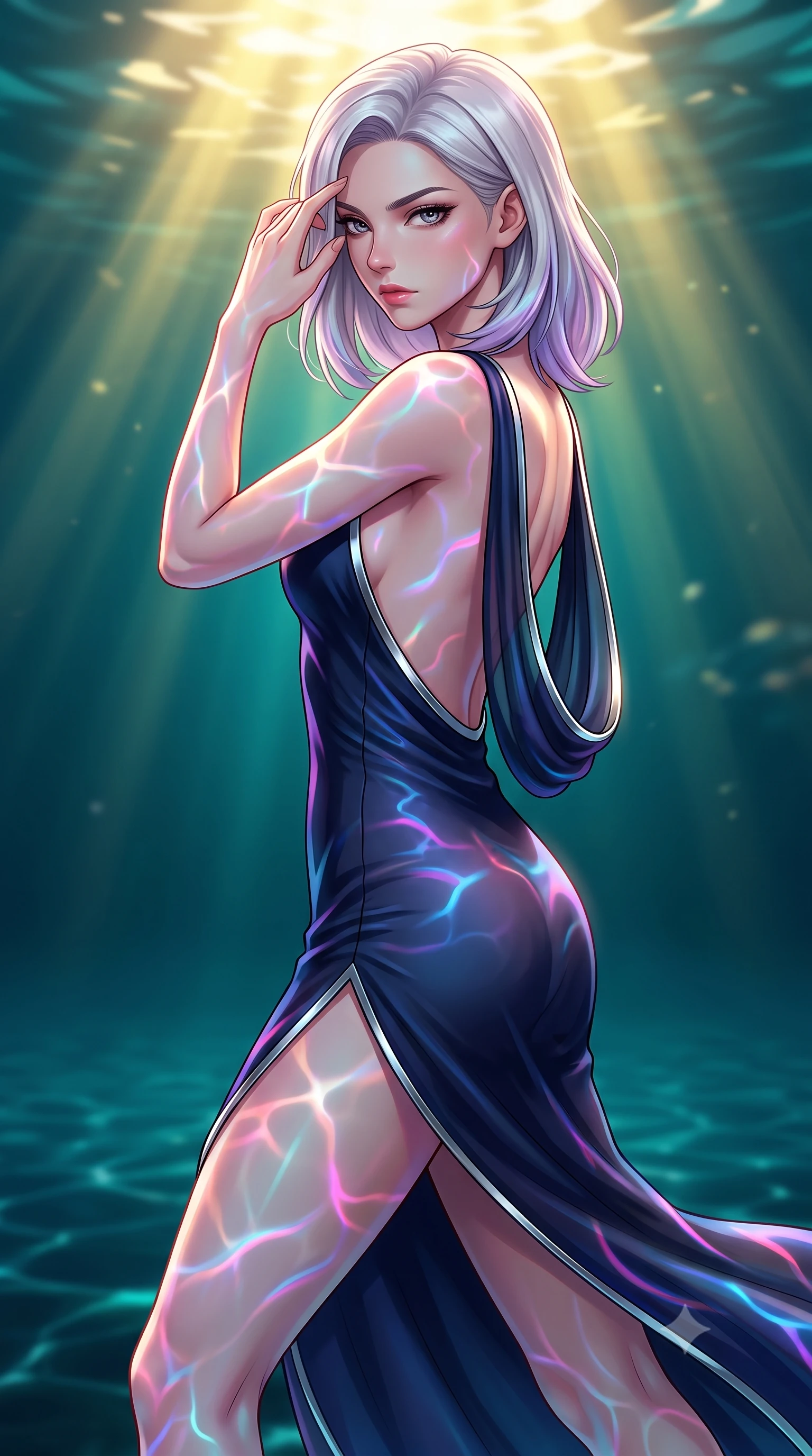 score_9, masterpiece, best quality, ultra-detailed, high-budget anime keyframe, editorial fashion photography, tasteful artistic composition, Caucasian woman. close-up cowboy shot from the waist and thighs up, the character dominates the composition, filling the frame with her large presence, background elements kept in soft focus. Resting her fingers gracefully near her temple, casting a sharp mysterious side-gaze during her stride while gliding dynamically over a mirror-like lagoon floor as neon ripples dance across her form, intense golden sunbeams penetrating deep turquoise water creating caustic light ripples. She has an exceptionally elegant, slender, and willowy female figure with an ultra-slim waist, a gracefully sculpted slender torso, and a refined silhouette. sharp v-shaped jawline, high-bridge nose, intricate jewel-like eyes with depth, thick eyelashes, glossy lips with a natural sheen, flawlessly proportioned anatomical accuracy, natural body alignment, perfectly sculpted elegant limbs, clean dynamic posture without body distortion. wearing a precision-fitted liquid jersey bodycon dress with a graceful draped back in midnight navy blue and chrome trim, woven from fine semi-opaque sheer organza, finished with a sleek side slit ascending to mid-thigh, the elegant draped fit framing her graceful clavicle and slender torso. bathed in brilliant underwater sunbursts and luminous turquoise caustic glow. highly saturated vibrant anime colors, detailed shading with soft gradients, rich glossy textures, high-contrast stereoscopic depth, volumetric dynamic lighting, master piece, 9:16 ratio
