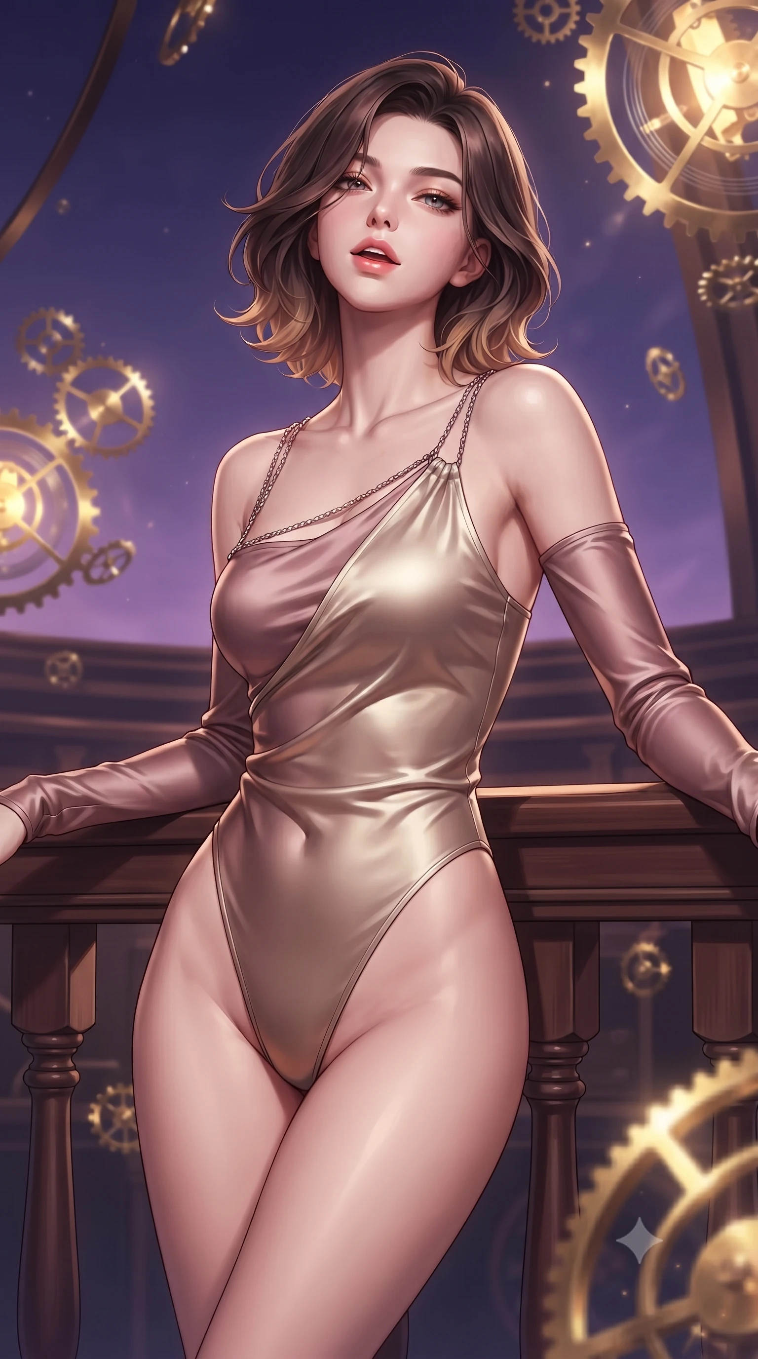 score_9, masterpiece, best quality, ultra-detailed, high-budget anime keyframe, editorial fashion photography, tasteful artistic composition, Korean woman. close-up cowboy shot from the waist and thighs up, the character dominates the composition, filling the frame with her large presence, background elements kept in soft focus. Tilting her chin up slightly with lips parted in a magnetic, composed expression leaning against a vintage mahogany balustrade inside a mechanical observatory, floating brass gears and clocksprings casting intricate metallic reflections. She has an exceptionally elegant, slender, and willowy female figure with an ultra-slim waist, a gracefully sculpted slender torso, and a refined silhouette. sharp v-shaped jawline, high-bridge nose, intricate jewel-like eyes with depth, thick eyelashes, glossy lips with a natural sheen. wearing an asymmetrical high-cut tech-bodysuit with detached sleeves in dusty rose and champagne gold, crafted from lustrous satin jersey with fluid draping, adorned with delicate metallic chain straps along the neckline, the sleek second-skin texture accentuating her magnetic presence. lit by a contrast of deep violet sky and radiant golden mechanical light. highly saturated vibrant anime colors, detailed shading with soft gradients, rich glossy textures, high-contrast stereoscopic depth, volumetric dynamic lighting, master piece, 9:16 ratio