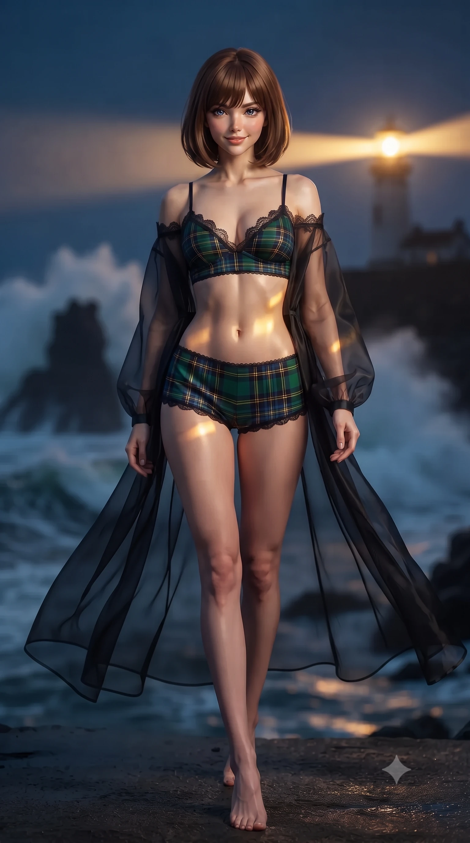 score_9, masterpiece, best quality, ultra-detailed, high-budget anime keyframe, editorial fashion photography, tasteful artistic composition, Caucasian woman. low angle full-body shot from head to toe showing her feet, filling the entire 9:16 vertical frame with her statuesque presence, stretching her vertical silhouette. stepping slowly toward the camera with hypnotic grace, hips swaying in an alluring sensual rhythm that accentuates her curvy hourglass silhouette and long slender legs while twisting her slender torso in an alluring contrapposto stance, sweeping beams of the lighthouse lantern casting dramatic golden flashes across her flat midriff and hips. The background shows a soft-focus colossal storm waves crashing over dark granite sea stacks, rotating Fresnel lens light beams cutting through midnight sea spray, blurred into diamond, slate, and sapphire bokeh. She has an exceptionally tall and slender model-like 8.5-heads proportion, an ultra-slim waist, a flat toned midriff, narrow delicate ribcage, and beautifully sculpted feminine hips creating a graceful, slim hourglass silhouette without any bulky heaviness, with impossibly long slender legs. sharp v-shaped jawline, high-bridge nose, intricate jewel-like sparkling eyes with depth, thick eyelashes, glossy parted lips with a natural peach sheen, bright cheerful beaming smile with an enchanting and coquettish sensual glint, exuding both youthful cute charm and seductive allure, flawlessly proportioned anatomical accuracy, strict slender model proportions, natural body alignment, perfectly sculpted long slender limbs, ultra-slim waistline, clean dynamic posture without body distortion. wearing a sheer silk organza modern caftan robe worn loose and slipping off bare shoulders over a matching satin bralette and micro-shorts in Balmoral royal tartan emerald and gilded brass, featuring strategic sheer-illusion tulle side panels framing her ribcage and hips, finished with scalloped eyelash lace trim framing her sweetheart neckline with intimate elegance, the precision-cut side openings and low-back scoop framing her graceful spine and the sensual sweep of her slim, toned hips. bathed in the powerful rotating 3200K golden beam of the lighthouse lens contrasted with deep navy ocean twilight. ultra-reflective glossy finish, specular highlights, rich textural contrasts, high-contrast stereoscopic depth, volumetric dynamic lighting, 2k, ultra detail, master piece, 9:16 ratio