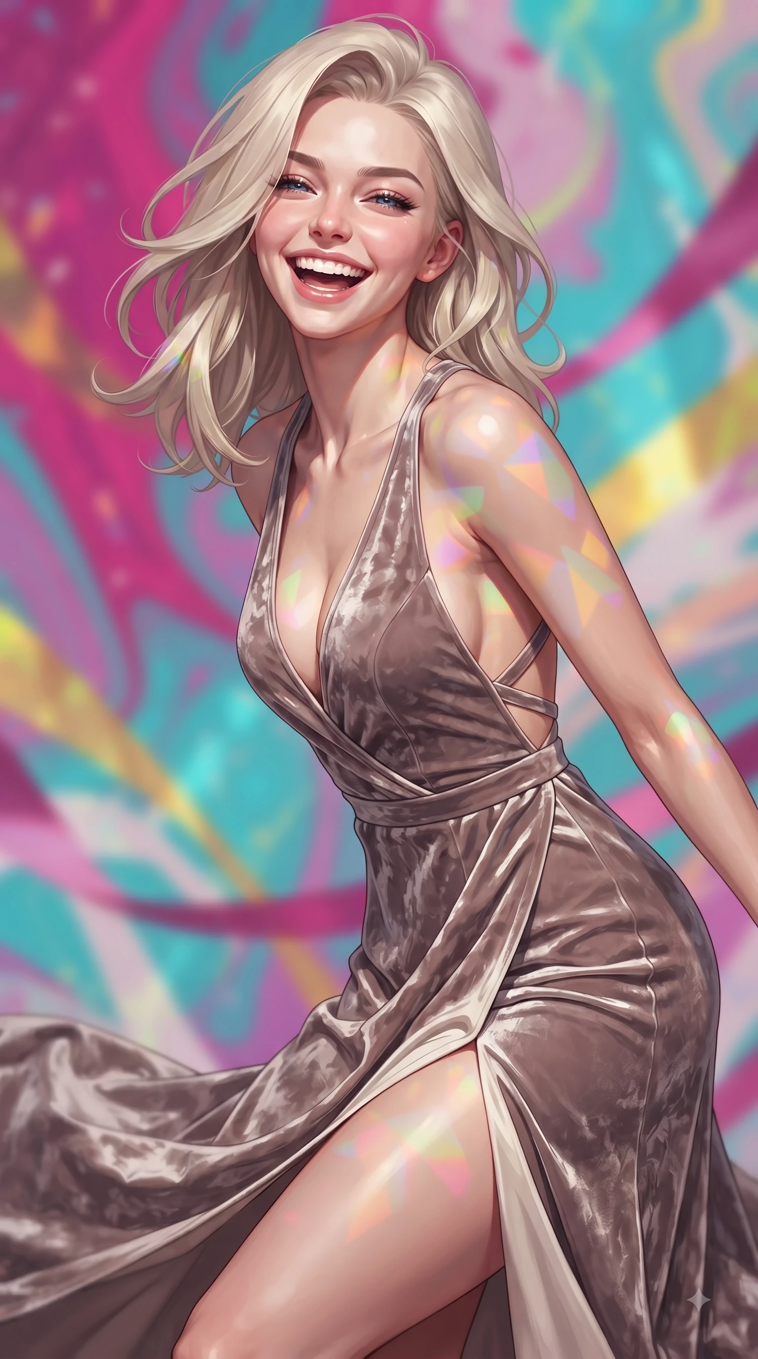 score_9, masterpiece, best quality, ultra-detailed, high-budget anime keyframe, editorial fashion photography, tasteful artistic composition, Caucasian woman. close-up cowboy shot from the waist and thighs up, the character dominates the composition, filling the frame with her large presence, background elements kept in soft focus. Joyful laughing expression filled with genuine happiness and warmth, leaning forward with cheerful energy while spinning joyfully amidst swirling ribbons of magenta, turquoise, and yellow liquid acrylic paint, a kaleidoscope of refractions forming colorful geometric light patterns on her skin. She has an exceptionally elegant, slender, and willowy female figure with an ultra-slim waist, a gracefully sculpted slender torso, and a refined silhouette. sharp v-shaped jawline, high-bridge nose, intricate jewel-like eyes with depth, thick eyelashes, glossy lips with a natural sheen, flawlessly proportioned anatomical accuracy, natural body alignment, perfectly sculpted elegant limbs, clean dynamic posture without body distortion. wearing a backless crushed velvet gown with a deep V-neckline and high thigh slit in muted taupe and soft ivory, made of premium stretch velvet with a rich sheen, complemented by criss-cross back straps highlighting her bare shoulders, the sleek second-skin texture accentuating her magnetic presence. surrounded by a radiant glow of magenta, aqua, and golden fluid highlights. ultra-reflective glossy finish, specular highlights, metallic sheen, high-contrast stereoscopic depth, volumetric dynamic lighting, 2k, ultra detail, master piece, 9:16 ratio