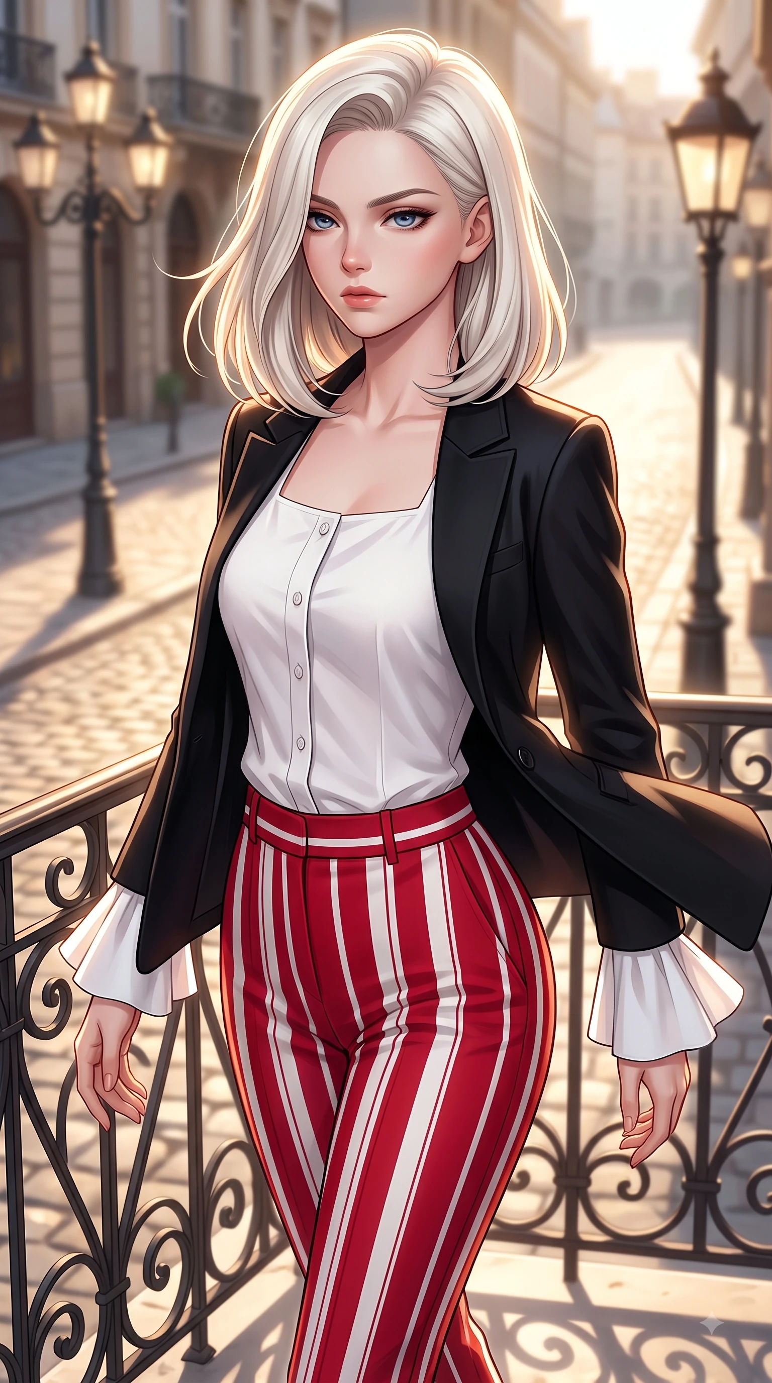 score_9, masterpiece, best quality, ultra-detailed, high-budget anime keyframe, editorial fashion photography, tasteful artistic composition, Caucasian woman. close-up cowboy shot from the waist and thighs up, the character dominates the composition, filling the frame with her large presence. Cool disdainful expression looking past the camera with effortless superiority and a stoic facial line while pivoting dynamically near a sunlit wrought-iron balcony as a warm afternoon breeze billows her outfit. The composition keeps background elements in soft focus with dreamy bokeh. sunlit cobblestones and vintage street lamps softened in a dreamy editorial depth of field. She has an exceptionally elegant, slender, and willowy female figure with an ultra-slim waist, a gracefully sculpted slender torso, and a refined silhouette. sharp v-shaped jawline, high-bridge nose, intricate jewel-like eyes with depth, thick eyelashes, glossy lips with a natural sheen, flawlessly proportioned anatomical accuracy, natural body alignment, perfectly sculpted elegant limbs, clean dynamic posture without body distortion. wearing a sleek jet black tailored blazer over a crisp white button-down and trousers in vibrant crimson red and crisp snow white, tailored from structured wool crepe with clean lines, featuring elegant flutter sleeves and a graceful square neckline, the form-contouring material accentuating her ultra-slim waist and long lines. surrounded by a sophisticated, cinematic, and timeless European editorial aura. highly saturated vibrant anime colors, detailed shading with soft gradients, rich glossy textures, high-contrast stereoscopic depth, volumetric dynamic lighting, master piece, 9:16 ratio