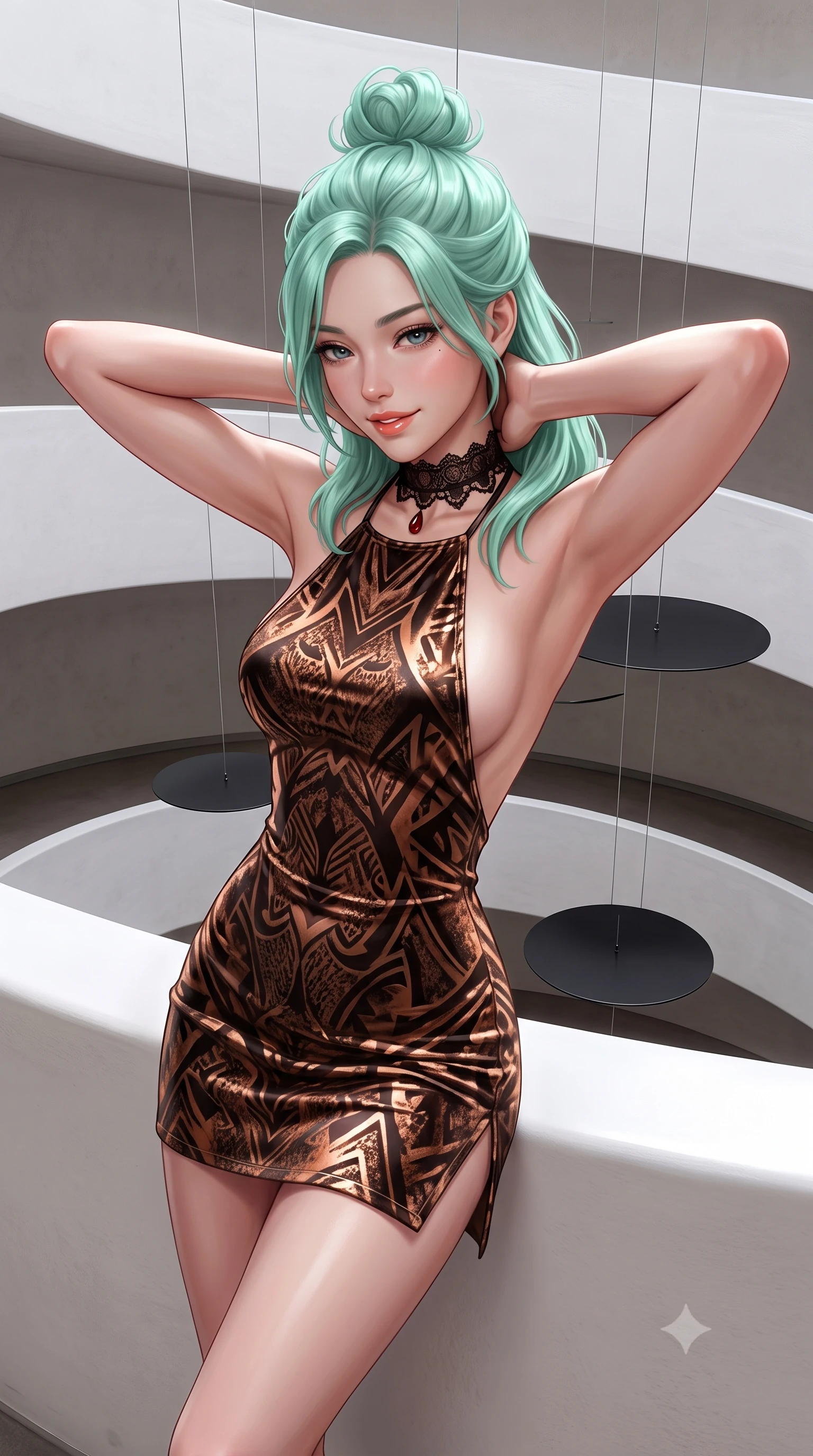 score_9, masterpiece, best quality, ultra-detailed, high-budget anime keyframe, semi-realistic 3D game render, editorial fashion photography, tasteful artistic composition, Japanese woman. close-up cowboy shot from the waist and thighs up, the character dominates the composition, filling the frame with her large presence. resting both hands lightly behind her neck with elbows raised, arching her spine to highlight her narrow waist, flat midriff, and breathtaking collarbones while leaning against the smooth white balustrade with hips cocked back, looking down into the rotunda with an alluring bedroom-smile. The surrounding environment is rendered in vivid detail and crisp panoramic clarity: sharp smooth plaster ramp curvature, ultra-thin steel mobile suspension wire, and painted black aluminum disc edges in deep focus. She has an exceptionally elegant, slender, and willowy female figure with an ultra-slim waist, flat toned midriff, narrow ribcage, and sculpted feminine hips creating an alluring, slim hourglass silhouette without bulk. sharp v-shaped jawline, high-bridge nose, sparkling eyes with hypnotic seductive depth, thick curled eyelashes, glossy parted lips with a natural dewy peach sheen, alluring bedroom-eyes with an enchanting coquettish smile, exuding magnetic siren charisma and sophisticated glamour, flawlessly proportioned anatomical accuracy, strict slender model proportions, natural body alignment, perfectly sculpted long slender limbs, ultra-slim waistline, clean dynamic posture without body distortion. wearing a slinky backless halterneck column mini dress clinging like a second skin with deep geometric side slits in sultry espresso bronze and metallic copper with velvet sheen, crafted from smooth liquid-tight stretch jersey emphasizing every curve of her body, accented with an ornate black lace Victorian choker featuring a single blood-red teardrop garnet, the precision-cut side openings and low-back scoop framing her graceful spine and the sensual sweep of her slim, toned hips. bathed in diffused omnidirectional gallery daylight cascading down the central rotunda void. highly saturated vibrant anime colors, detailed shading with soft gradients, rich glossy textures, high-contrast stereoscopic depth, volumetric dynamic lighting, master piece, 9:16 ratio