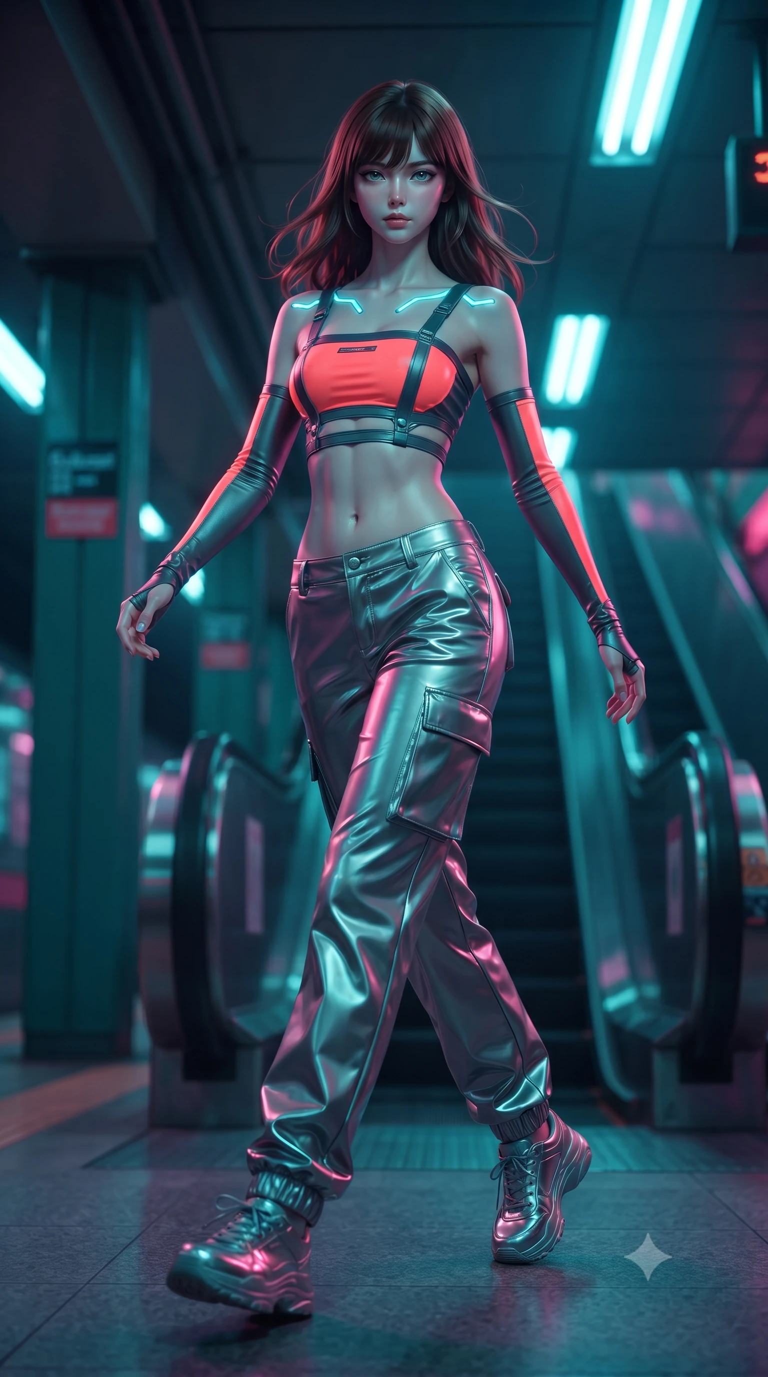 score_9, masterpiece, best quality, ultra-detailed, high-budget anime keyframe, editorial fashion photography, tasteful artistic composition, Korean woman. low angle full-body shot from head to toe showing her feet, filling the entire 9:16 vertical frame with her statuesque presence, stretching her vertical silhouette. executing an elegant mid-motion spin with effortless grace, her garments fluttering softly around her ultra-slim waistline while striding down the neon-drenched escalator with confident Y2K swagger and athletic model poise. The composition keeps background elements in soft focus with creamy bokeh. subway platform columns and flickering fluorescent ceiling fixtures softened in moody shallow focus. She has an absolutely perfect, statuesque 8.5-heads proportion, an exceptionally tall and slender model-like female figure with impossibly long slender legs, a toned flat midriff, and an ultra-slim waist. sharp v-shaped jawline, high-bridge nose, intricate jewel-like eyes with depth, thick eyelashes, glossy lips with a natural sheen, captivating and magnetic expression, flawlessly proportioned anatomical accuracy, strict slender model proportions, natural body alignment, perfectly sculpted long slender limbs, ultra-slim waistline, clean dynamic posture without body distortion. wearing a strappy cybernetic tube top with detached arm sleeves and low-rise metallic cargo trousers in blazing neon coral and graphite grey, tailored from second-skin aerodynamic stretch vinyl with specular sheen, finished with glowing cyan status conduits tracing her collarbones, the glove-like aerodynamic second-skin fit tightly clinging to her ultra-slender waist and athletic curves without adding bulk, accentuating her razor-sharp statuesque lines and slim hourglass silhouette. illuminated by crisp specular highlights defining her toned flat midriff and athletic curves. ultra-reflective glossy finish, specular highlights, rich textural contrasts, high-contrast stereoscopic depth, volumetric dynamic lighting, 2k, ultra detail, master piece, 9:16 ratio