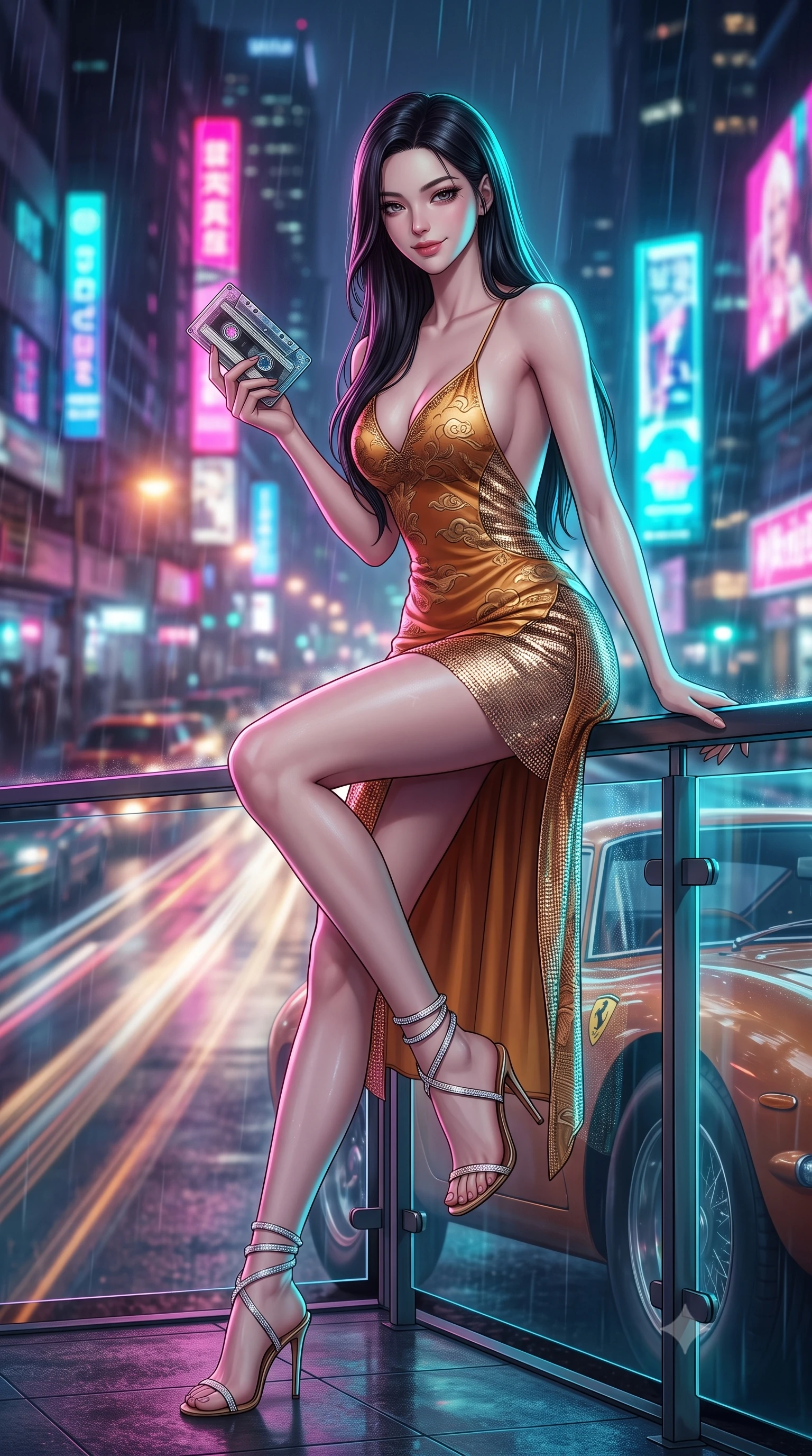 score_9, masterpiece, best quality, ultra-detailed, high-budget anime keyframe, semi-realistic 3D game render, editorial fashion photography, tasteful artistic composition, Korean woman. low angle full-body shot from head to toe showing her feet, filling the entire 9:16 vertical frame with her statuesque presence, stretching her vertical silhouette. leaning deep against the balcony balustrade with hips cocked back in an unapologetically alluring high-fashion stance, casting an intoxicating glance while perched casually on the hood of the classic sports car with legs crossed, holding a cassette player while flashing a confident, teasing smile. The background shows a soft-focus speeding car light trails, towering neon skyscraper advertisements, and misty night rain blurred into electric fuchsia, cyan, and amber bokeh. She has an absolutely perfect, statuesque 8.5-heads proportion, an exceptionally tall and slender model-like female figure with impossibly long slender legs, an ultra-slim waist, a flat toned midriff, narrow delicate ribcage, and beautifully sculpted feminine hips creating a graceful, slim hourglass silhouette without any bulky heaviness. sharp v-shaped jawline, high-bridge nose, sparkling eyes with hypnotic seductive depth, thick curled eyelashes, glossy parted lips with a natural dewy peach sheen, alluring bedroom-eyes with an enchanting coquettish smile, exuding magnetic siren charisma and sophisticated glamour, flawlessly proportioned anatomical accuracy, strict slender model proportions, natural body alignment, perfectly sculpted long slender limbs, ultra-slim waistline, clean dynamic posture without body distortion. wearing a backless embroidered silk satin slip dress with traditional cloud motifs contouring her narrow waist and curvy hips in warm amber honey and antique gold leaf, crafted from shimmering fluid chainmail mesh reflecting ambient neon lights, complemented by strappy stiletto sandals with crystal ankle wraps accentuating her slender calves, the second-skin tailored fabric adhering flawlessly to her sculpted flat midriff and slender torso, emphasizing her long leg lines and perfectly proportioned willowy build. illuminated by passing car headlight streaks and sharp electric-cyan rim lights defining her razor-sharp jawline, narrow waist, and curvy hips. highly saturated vibrant anime colors, detailed shading with soft gradients, rich glossy textures, high-contrast stereoscopic depth, volumetric dynamic lighting, master piece, 9:16 ratio
