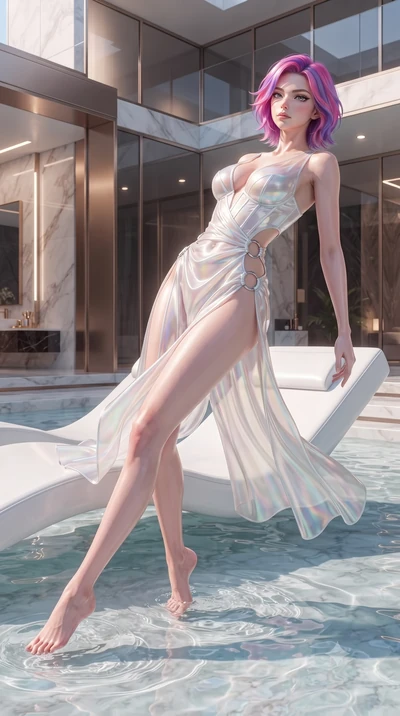 score_9, masterpiece, best quality, ultra-detailed, high-budget anime keyframe, editorial fashion photography, tasteful artistic composition, Caucasian woman. low angle full-body shot from head to toe showing her feet, filling the entire 9:16 vertica